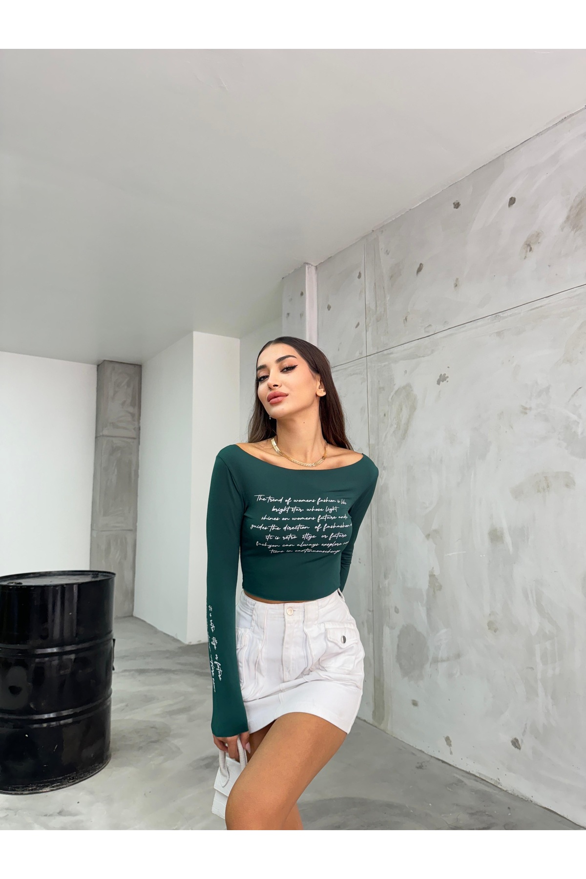 Kadın Baskılı Esnek Sandy Crop Bluz Yeşil 4