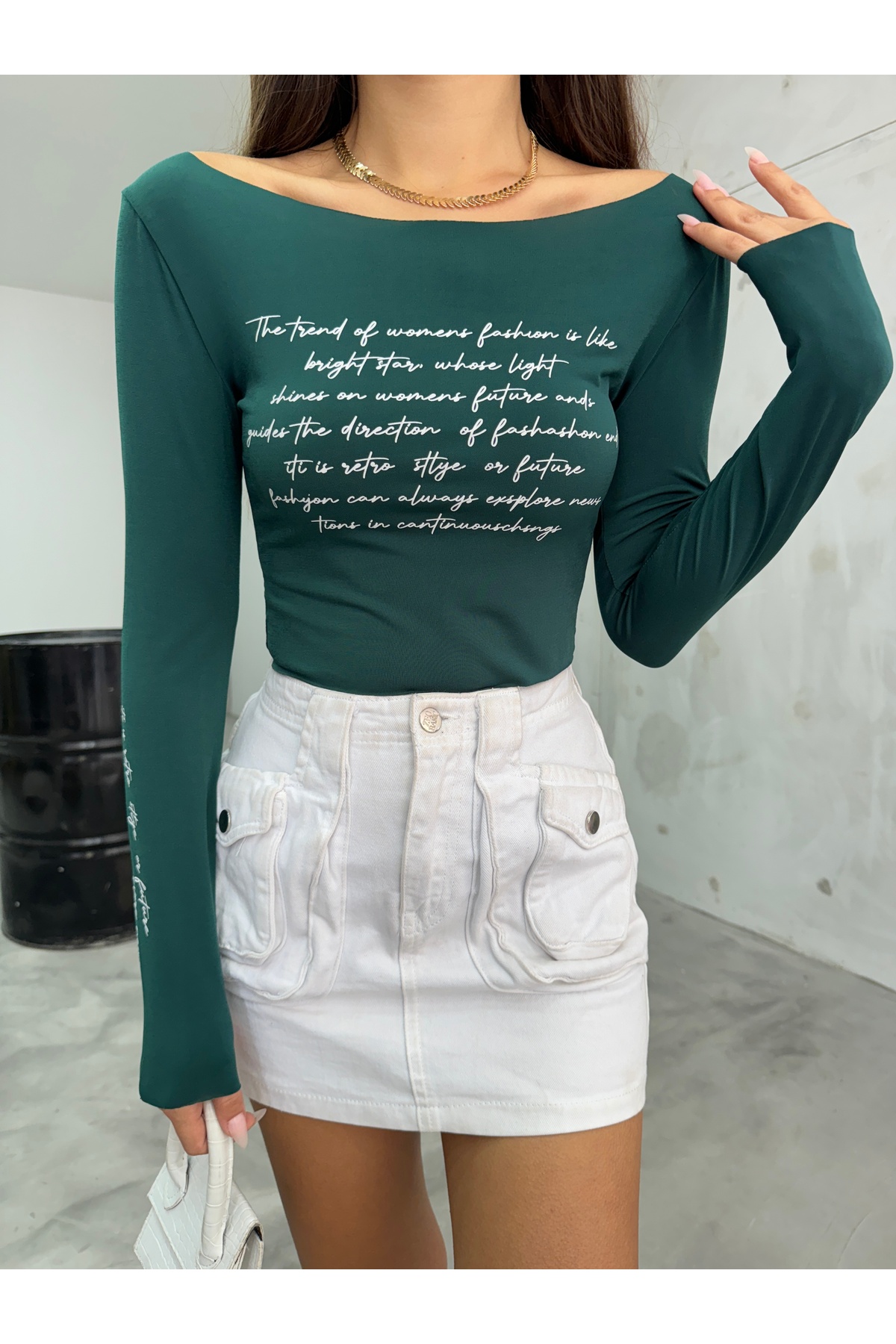 Kadın Baskılı Esnek Sandy Crop Bluz Yeşil 8