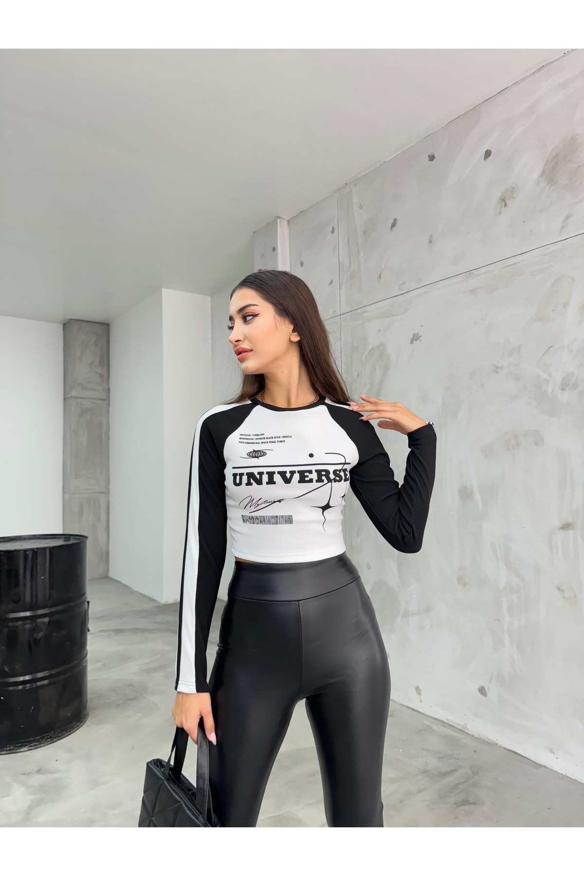Kadın Baskılı Ottoman Kumaş Crop Bluz Beyaz 4
