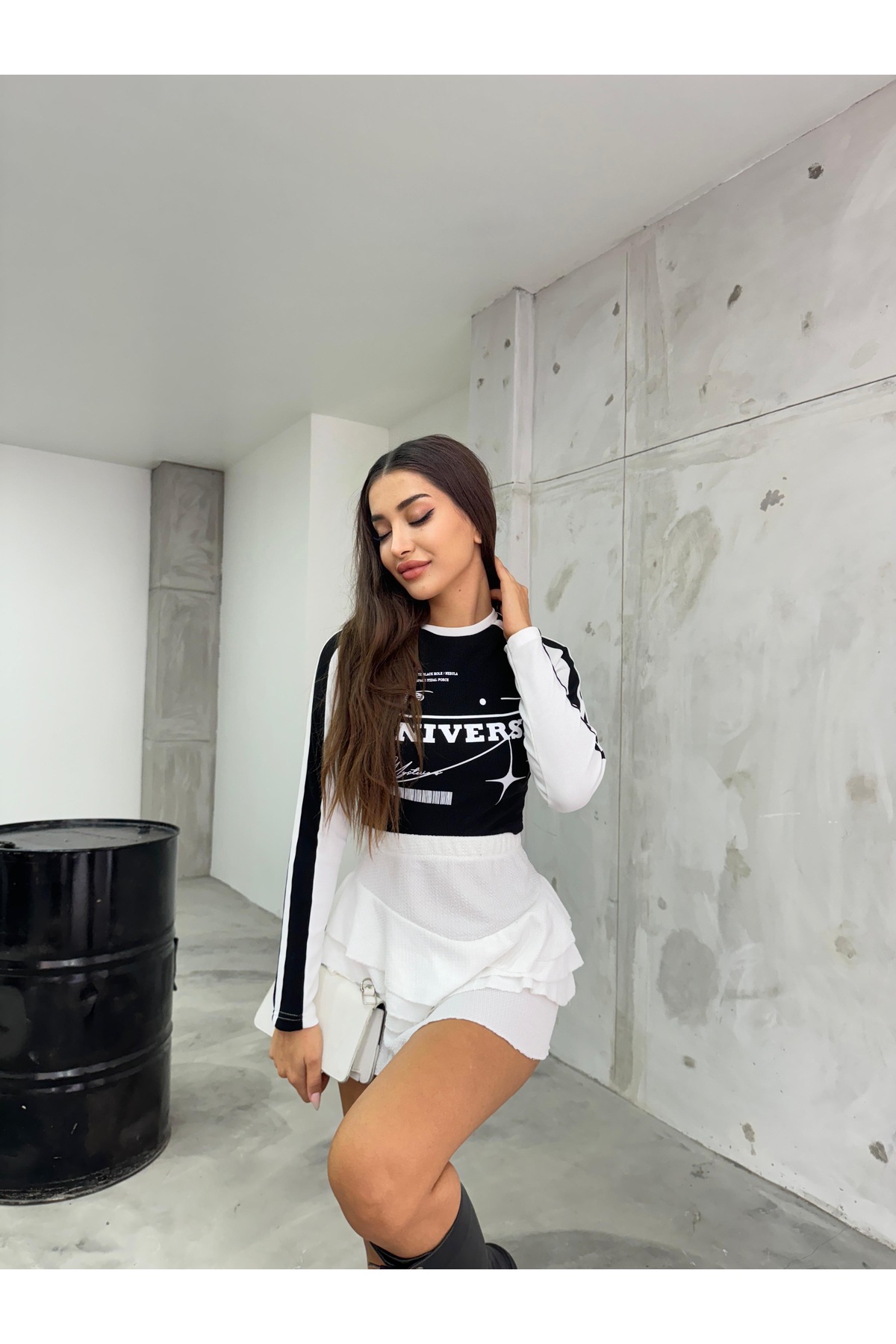Kadın Baskılı Ottoman Kumaş Crop Bluz Siyah 4
