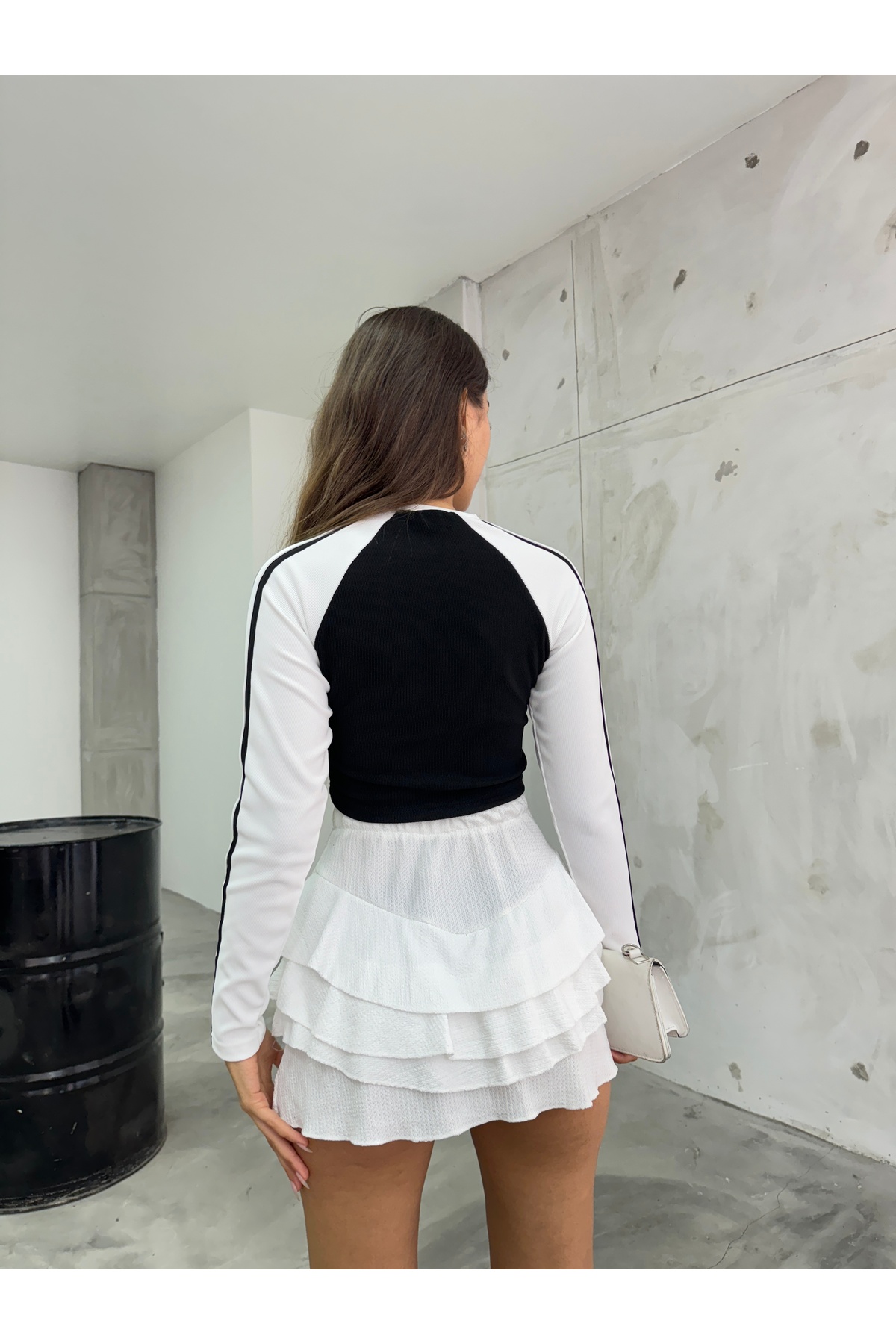 Kadın Baskılı Ottoman Kumaş Crop Bluz Siyah 3