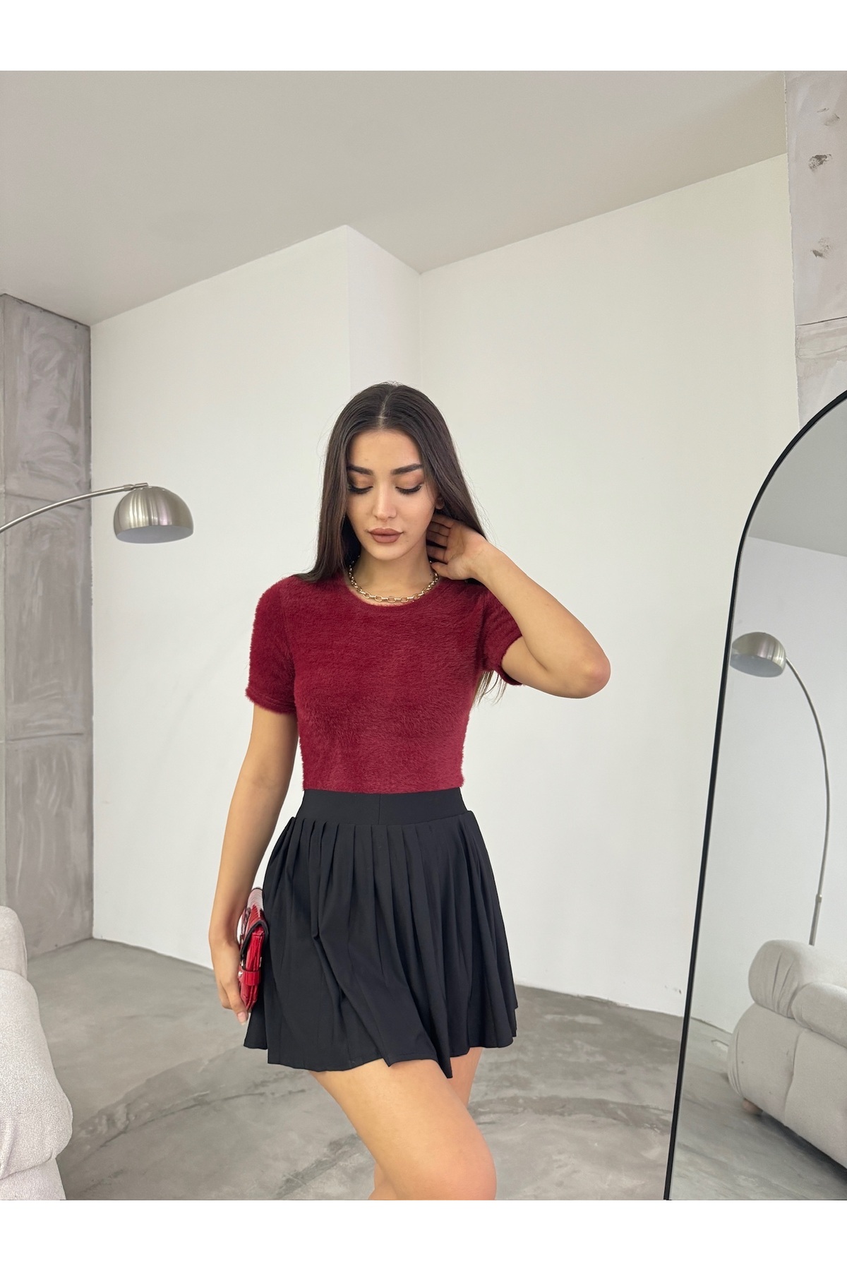 Kadın Bisiklet Yaka Yumuşak Peluş Crop Bluz Bordo 6