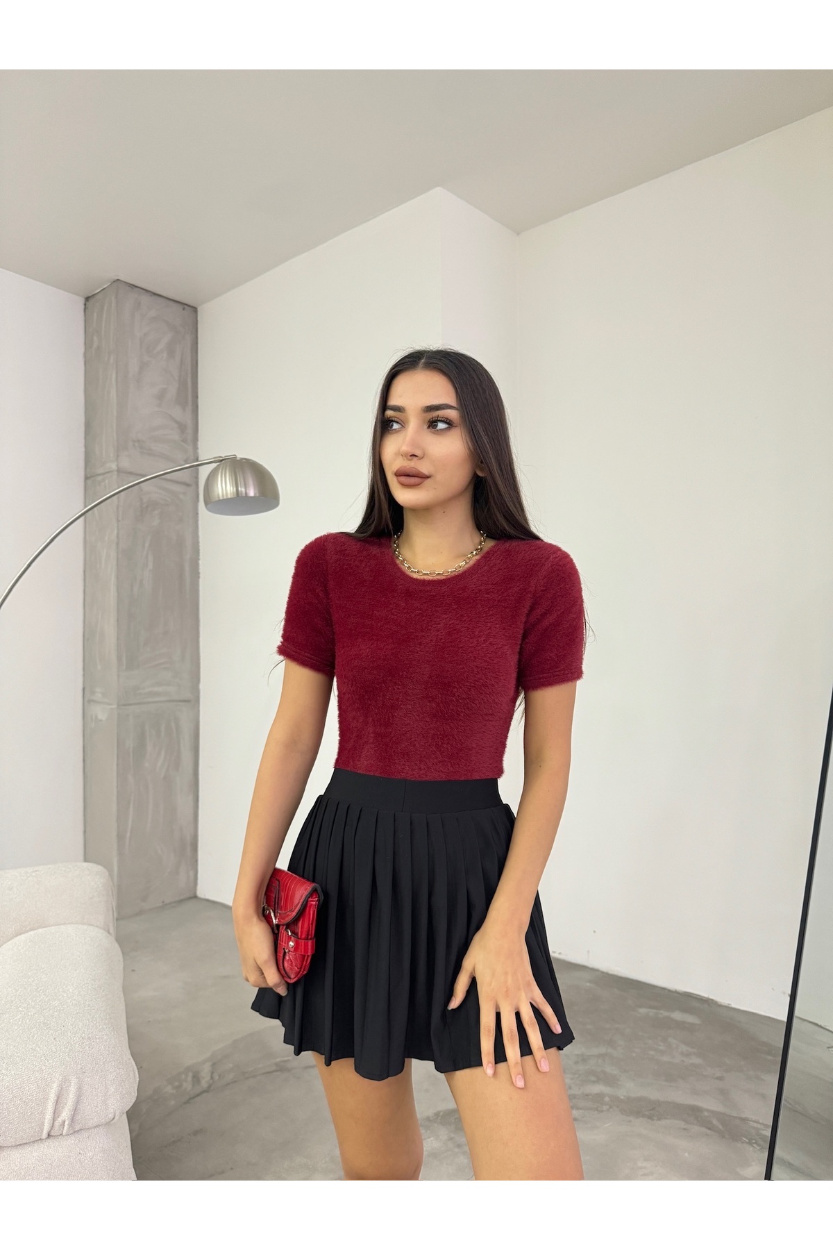 Kadın Bisiklet Yaka Yumuşak Peluş Crop Bluz Bordo 5