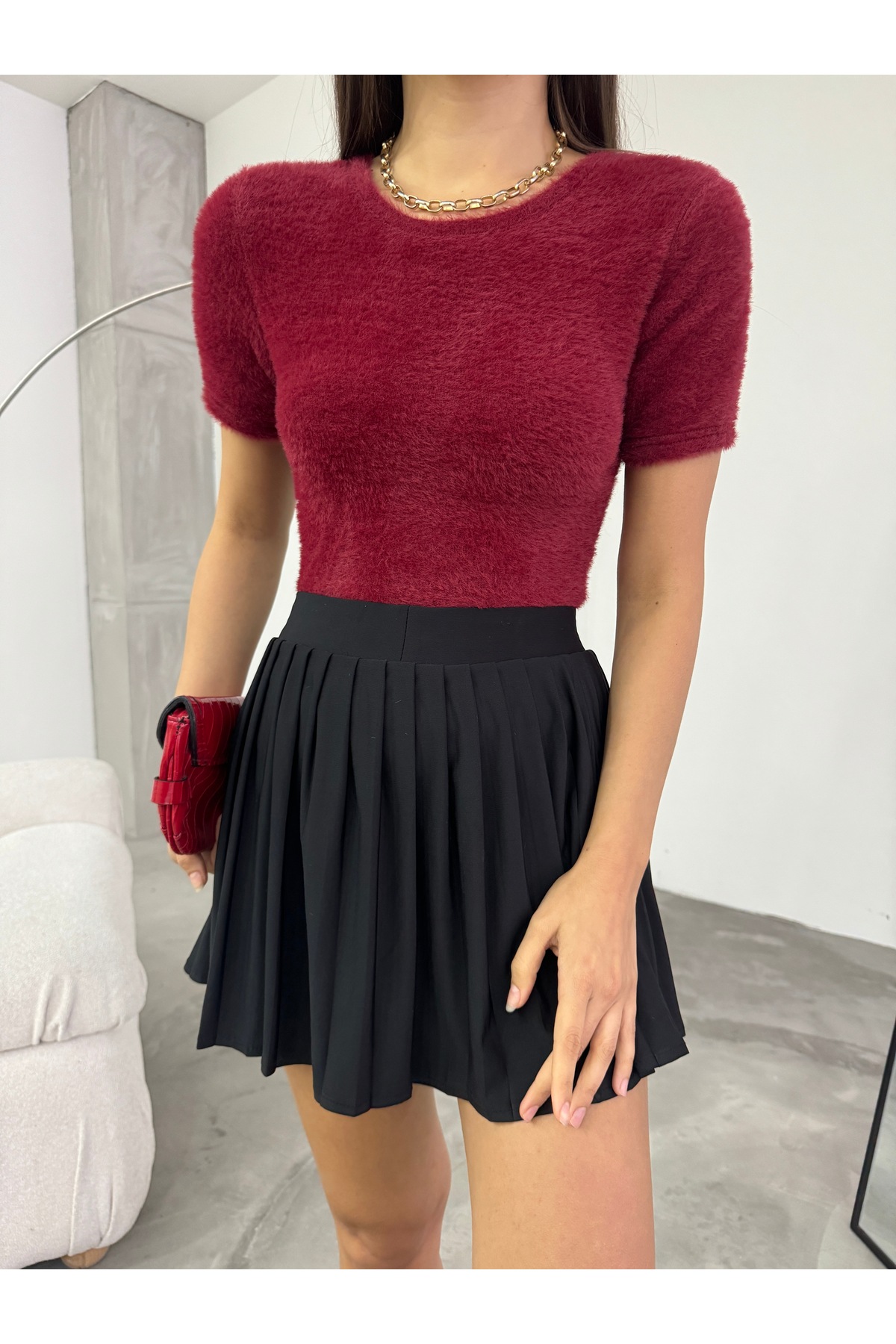 Kadın Bisiklet Yaka Yumuşak Peluş Crop Bluz Bordo 3