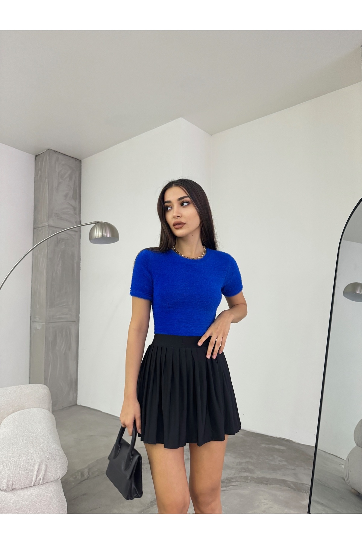 Kadın Bisiklet Yaka Yumuşak Peluş Crop Bluz Lacivert 4
