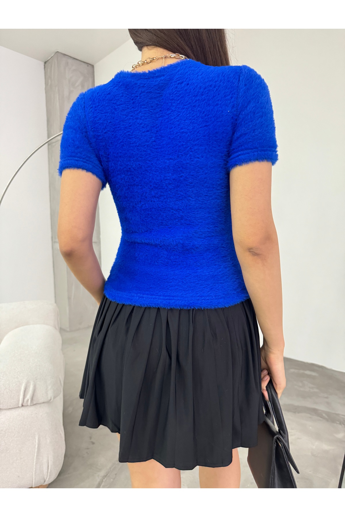 Kadın Bisiklet Yaka Yumuşak Peluş Crop Bluz Lacivert 7