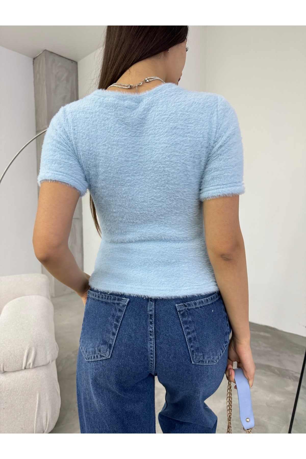 Kadın Bisiklet Yaka Yumuşak Peluş Crop Bluz Mavi 7