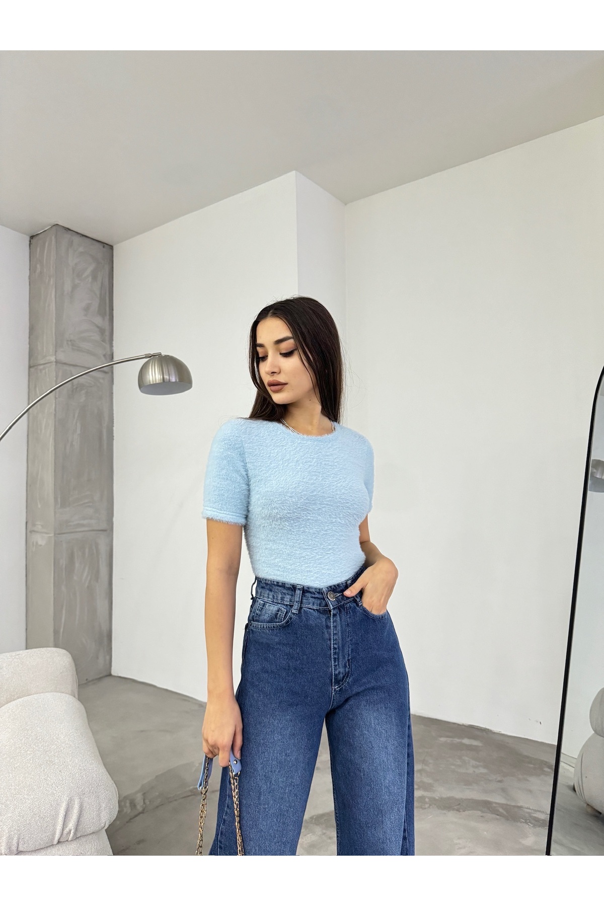 Kadın Bisiklet Yaka Yumuşak Peluş Crop Bluz Mavi 6