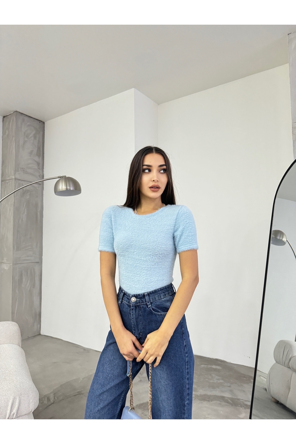 Kadın Bisiklet Yaka Yumuşak Peluş Crop Bluz Mavi 5