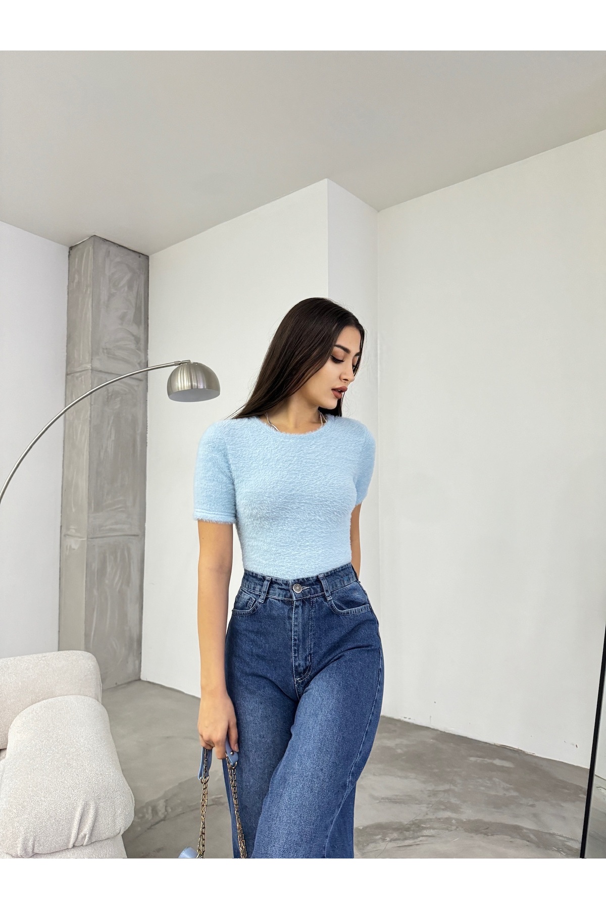 Kadın Bisiklet Yaka Yumuşak Peluş Crop Bluz Mavi 4