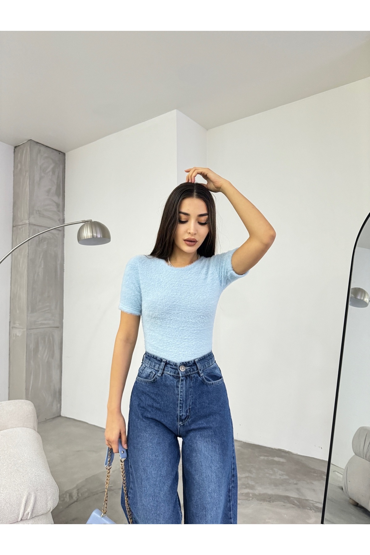 Kadın Bisiklet Yaka Yumuşak Peluş Crop Bluz Mavi 8
