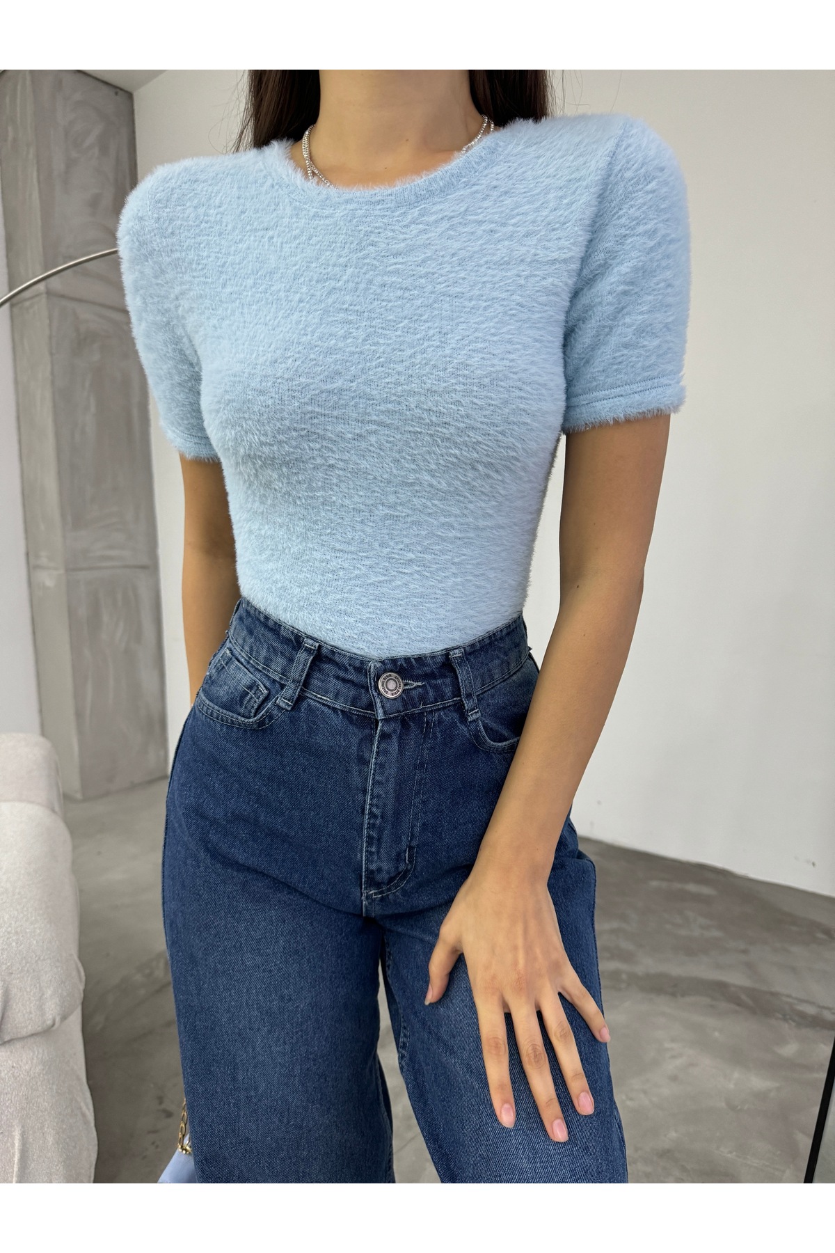 Kadın Bisiklet Yaka Yumuşak Peluş Crop Bluz Mavi 3