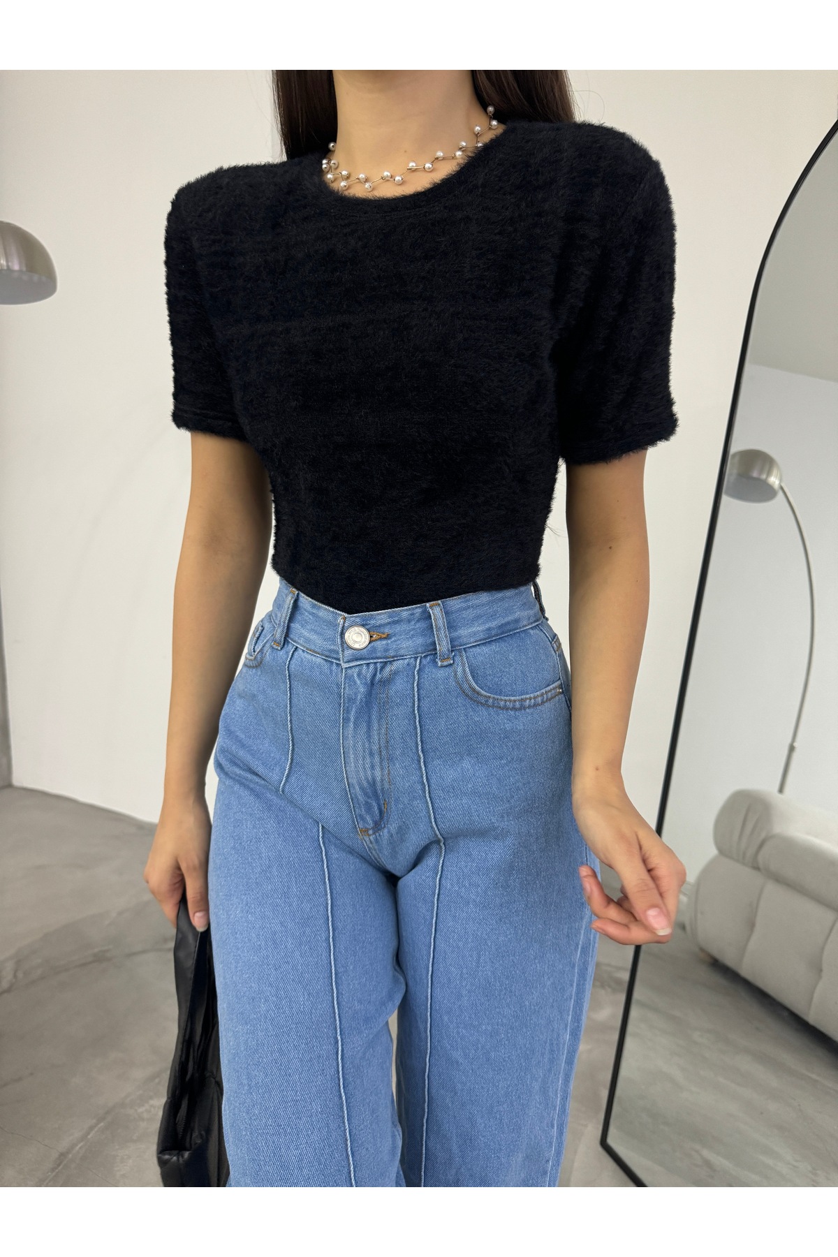Kadın Bisiklet Yaka Yumuşak Peluş Crop Bluz Siyah 8