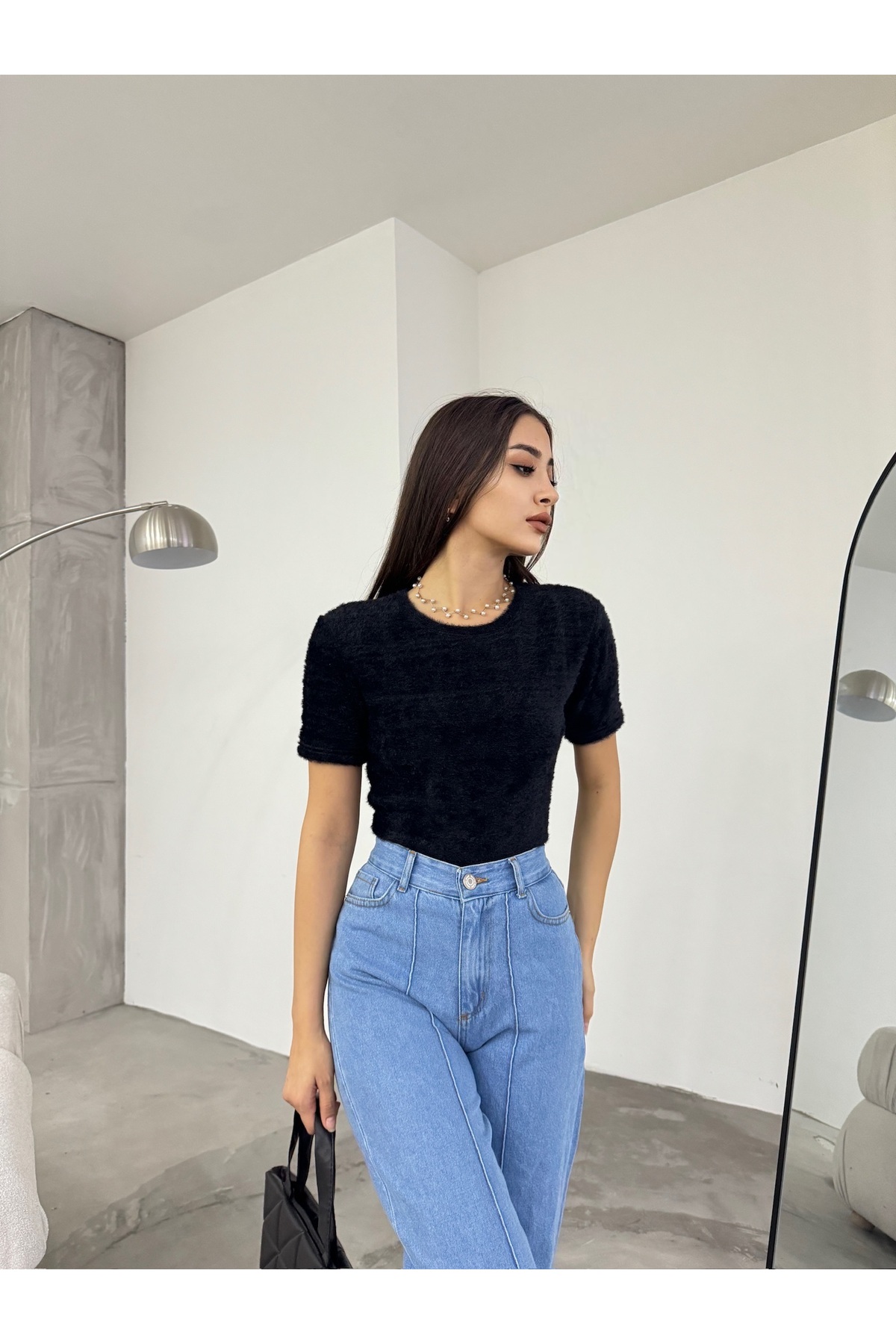 Kadın Bisiklet Yaka Yumuşak Peluş Crop Bluz Siyah 6