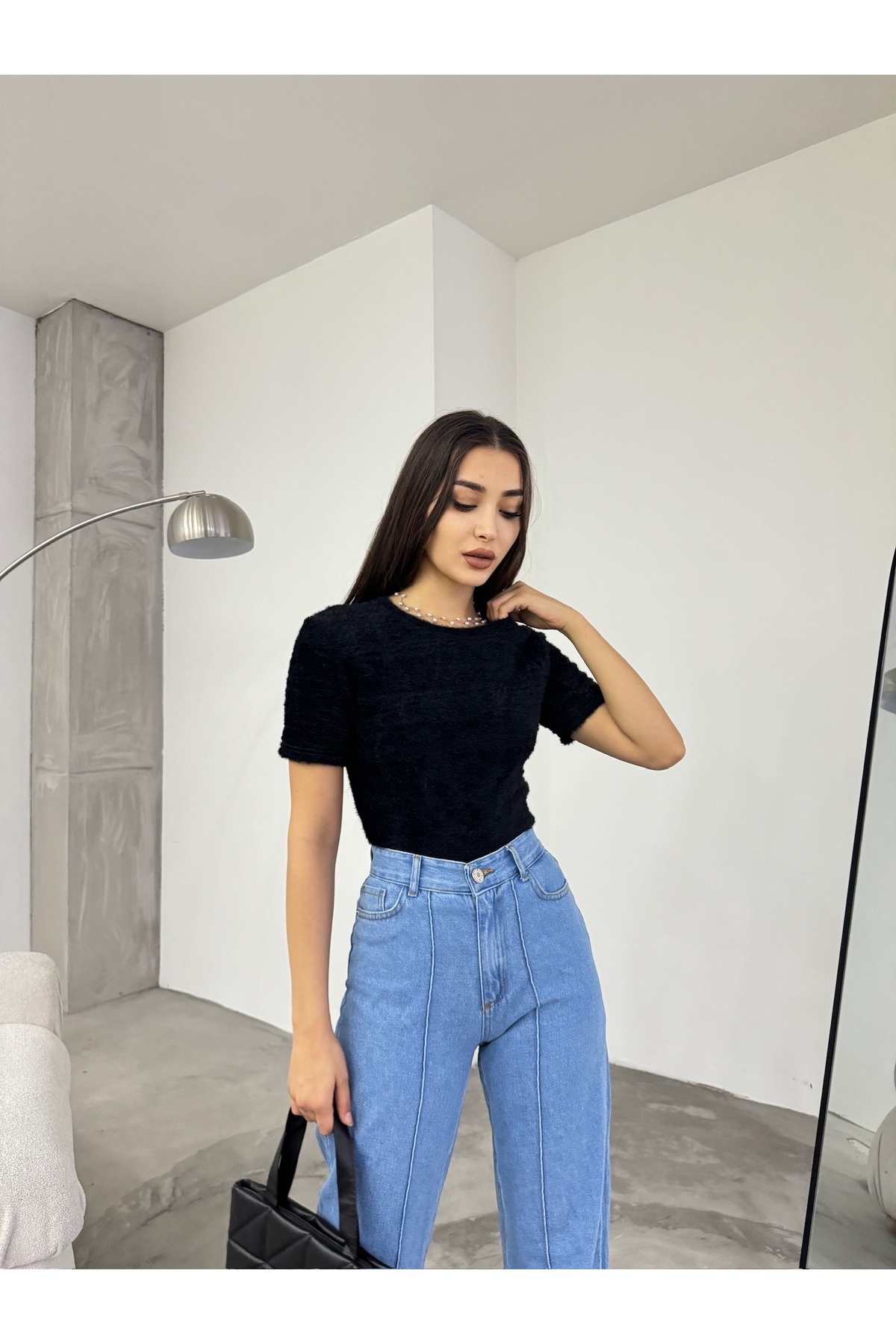 Kadın Bisiklet Yaka Yumuşak Peluş Crop Bluz Siyah 5