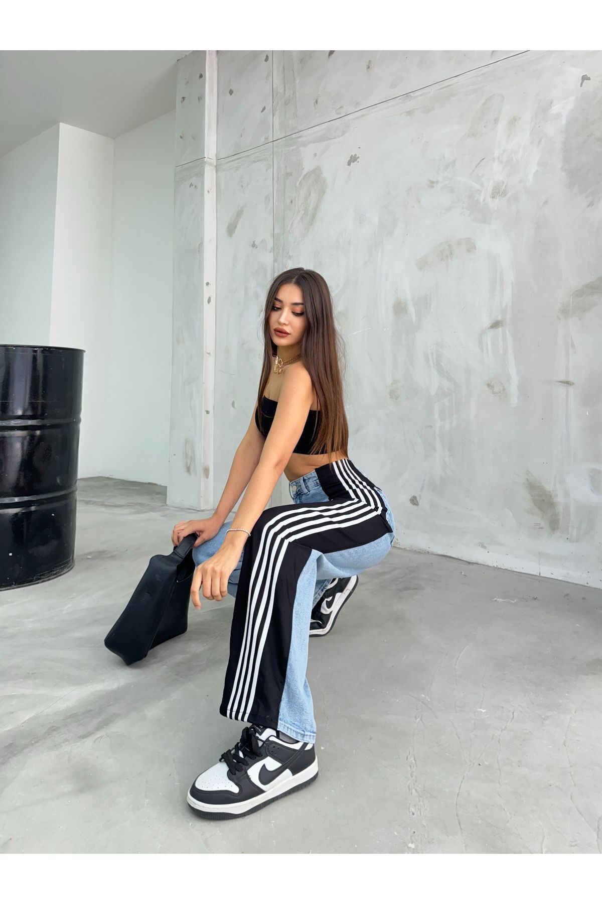 Kadın Yüksek Bel Açık Mavi Yanı Şeritli Wide Leg Jean 6
