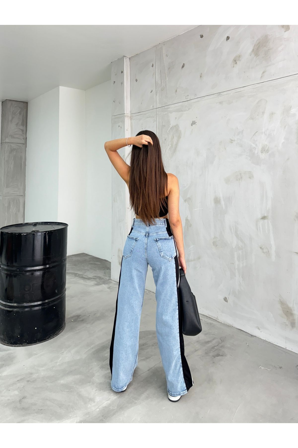Kadın Yüksek Bel Açık Mavi Yanı Şeritli Wide Leg Jean 5