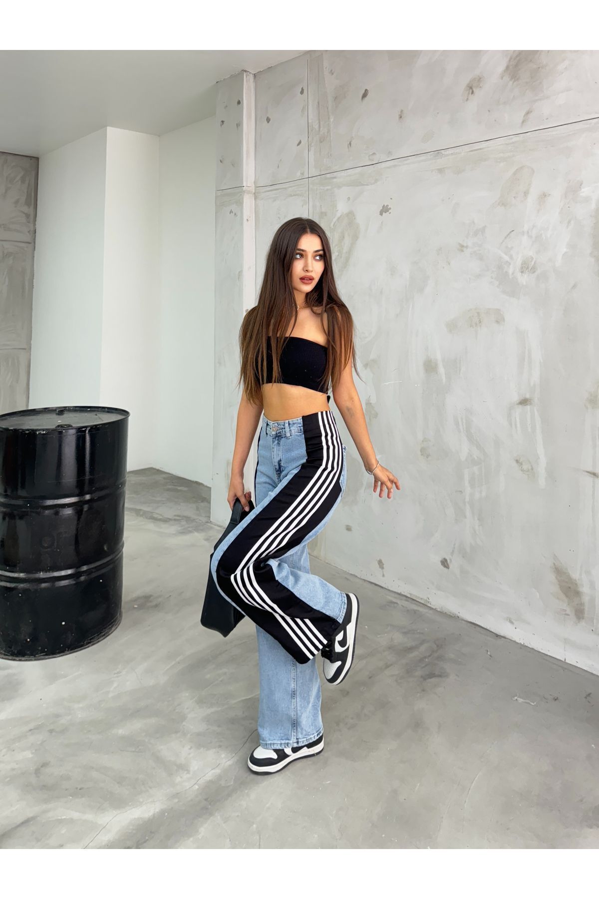 Kadın Yüksek Bel Açık Mavi Yanı Şeritli Wide Leg Jean 7