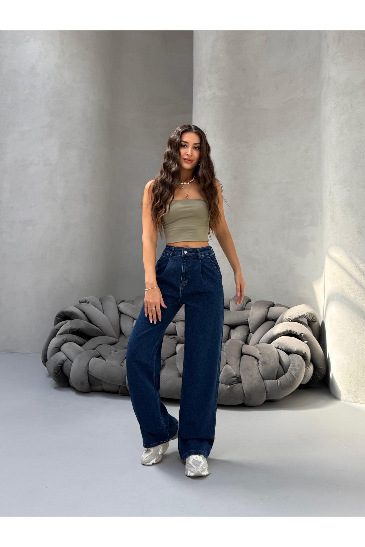Kadın Yüksek Bel Wide Leg Salaş Pileli Palazzo Jeans Pantolon Lacivert 6