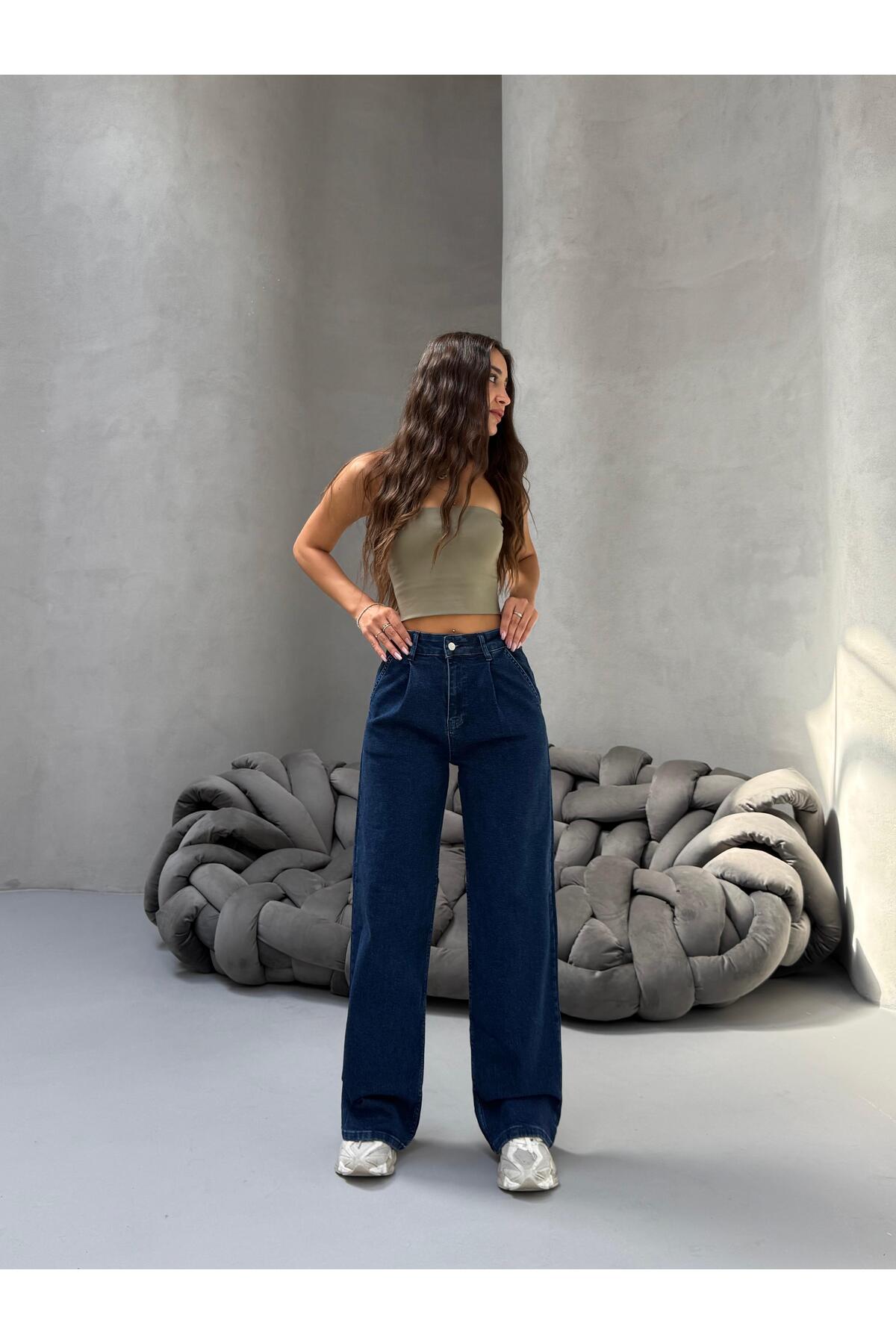 Kadın Yüksek Bel Wide Leg Salaş Pileli Palazzo Jeans Pantolon Lacivert 5