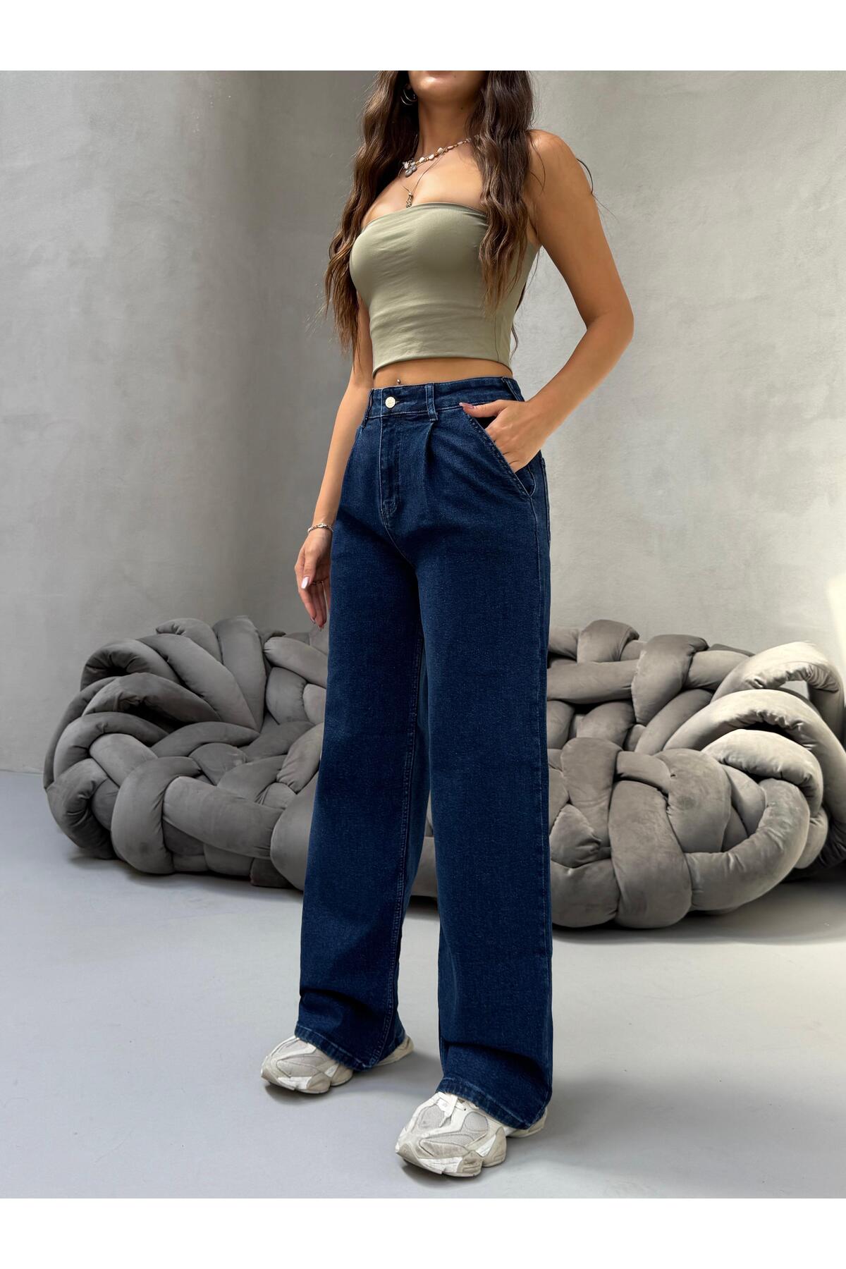 Kadın Yüksek Bel Wide Leg Salaş Pileli Palazzo Jeans Pantolon Lacivert 8