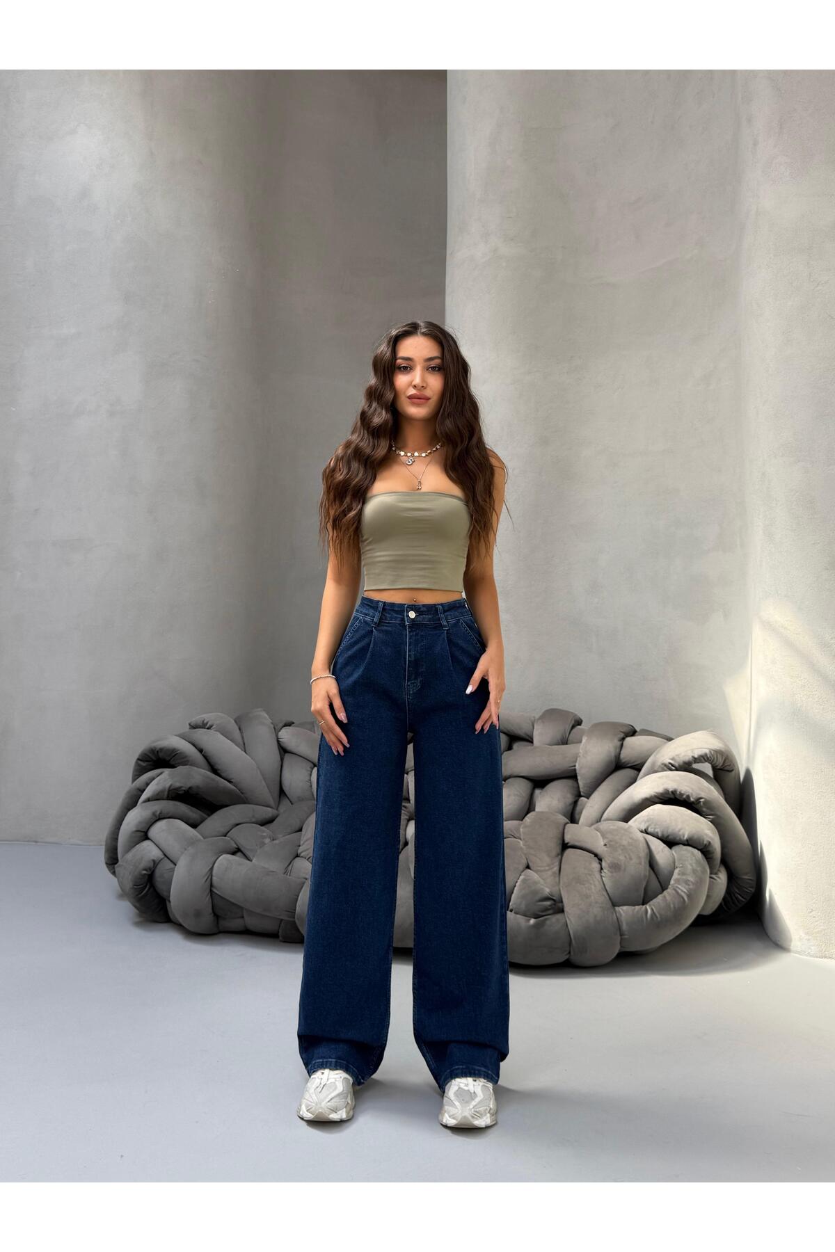 Kadın Yüksek Bel Wide Leg Salaş Pileli Palazzo Jeans Pantolon Lacivert 7