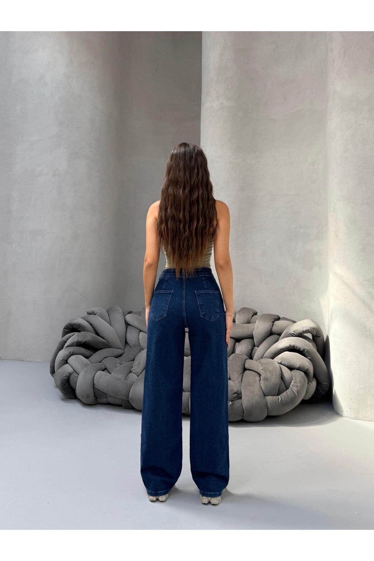 Kadın Yüksek Bel Wide Leg Salaş Pileli Palazzo Jeans Pantolon Lacivert 4