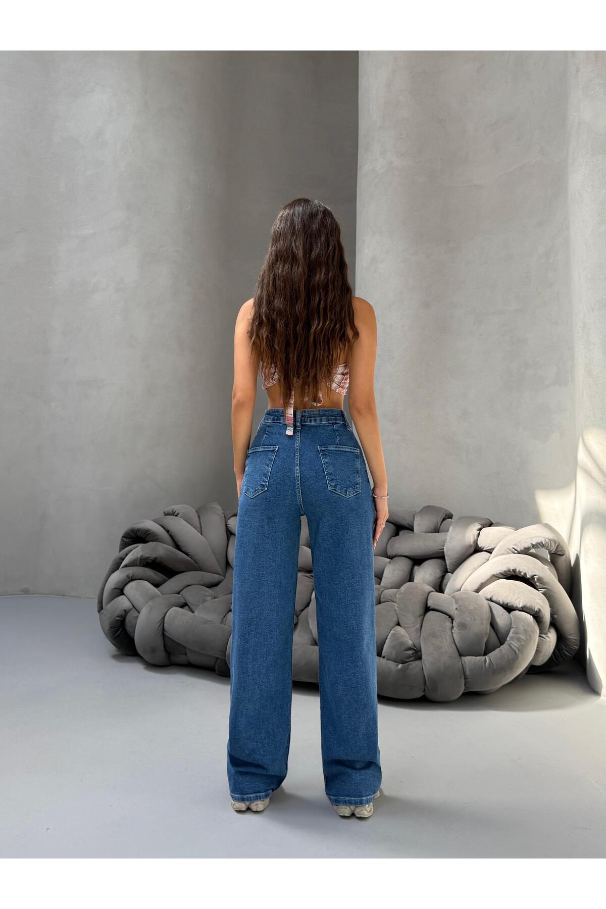 Kadın Yüksek Bel Wide Leg Salaş Pileli Palazzo Jeans Pantolon Mavi 4