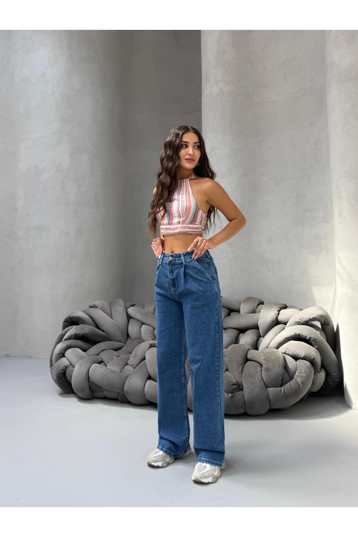 Kadın Yüksek Bel Wide Leg Salaş Pileli Palazzo Jeans Pantolon Mavi 5