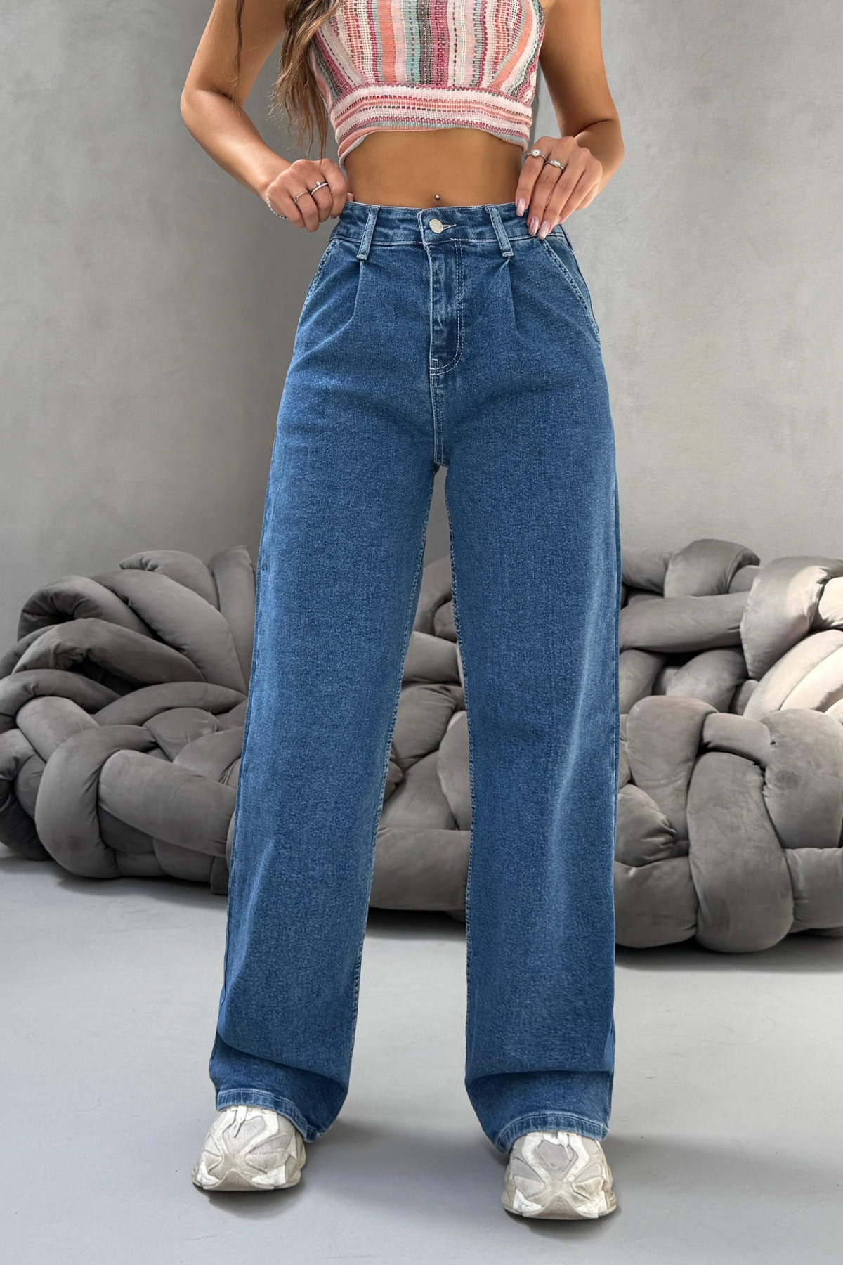 Kadın Yüksek Bel Wide Leg Salaş Pileli Palazzo Jeans Pantolon Mavi 7
