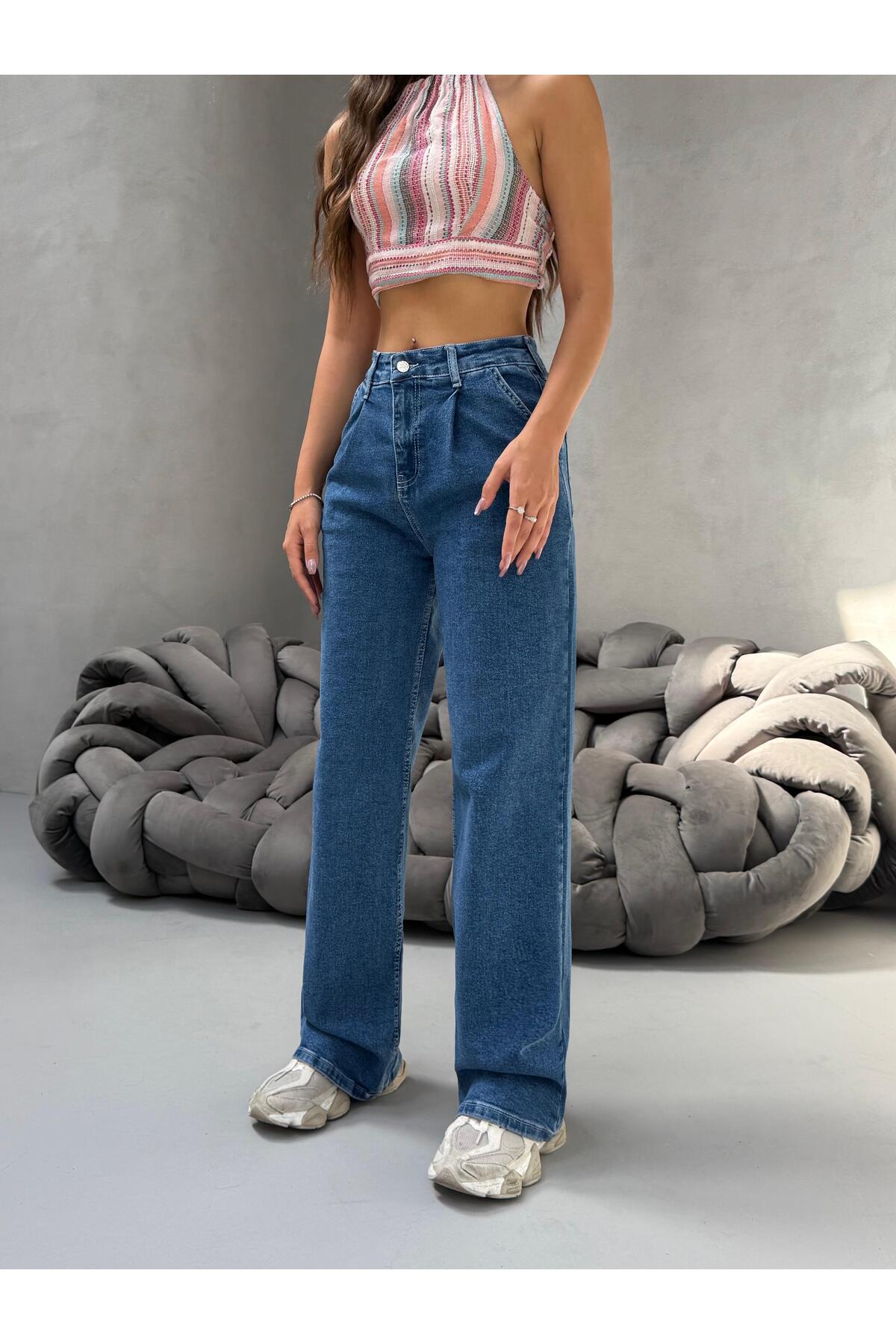 Kadın Yüksek Bel Wide Leg Salaş Pileli Palazzo Jeans Pantolon Mavi 8
