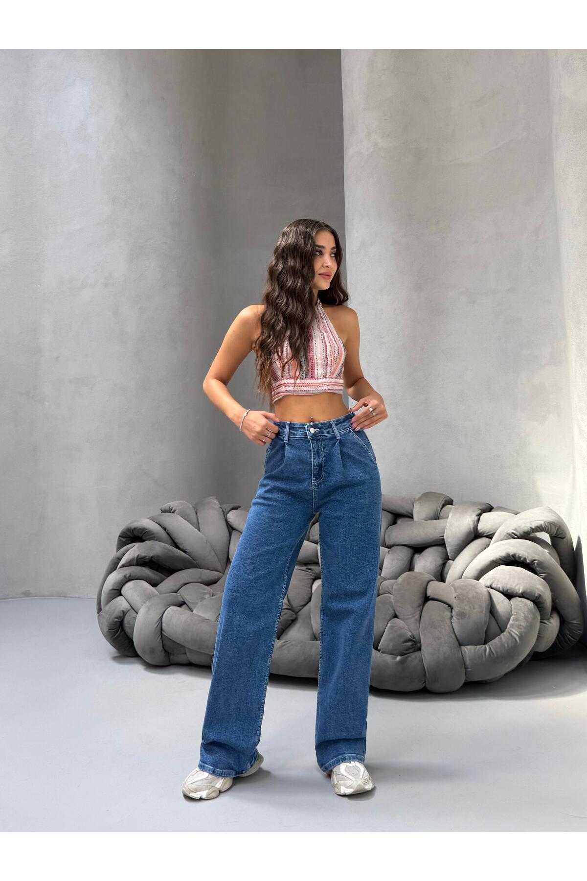 Kadın Yüksek Bel Wide Leg Salaş Pileli Palazzo Jeans Pantolon Mavi 6