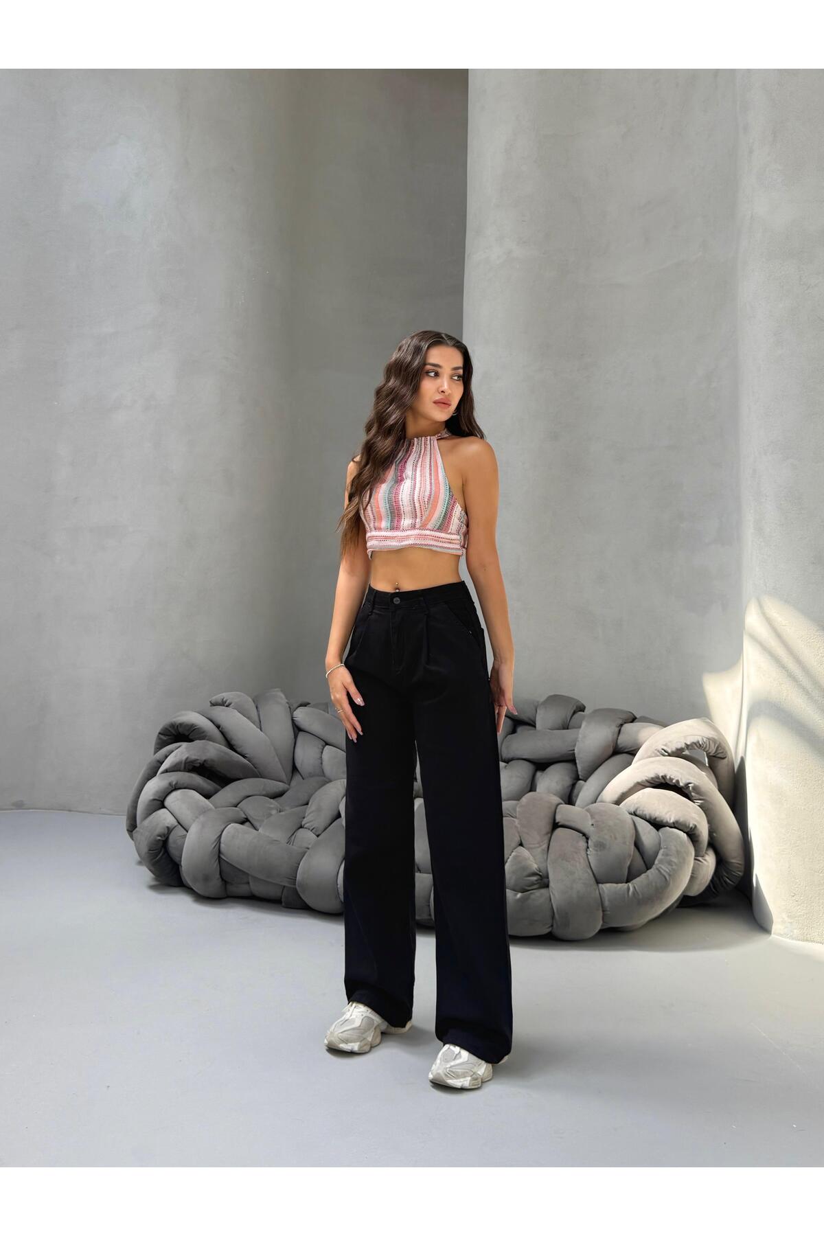 Kadın Yüksek Bel Wide Leg Salaş Pileli Palazzo Jeans Pantolon Siyah 4