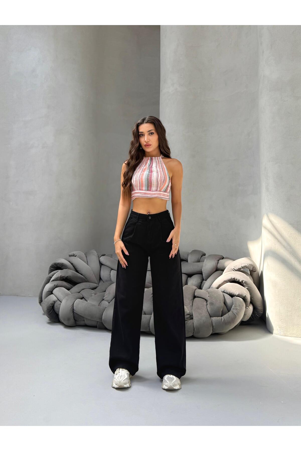 Kadın Yüksek Bel Wide Leg Salaş Pileli Palazzo Jeans Pantolon Siyah 8