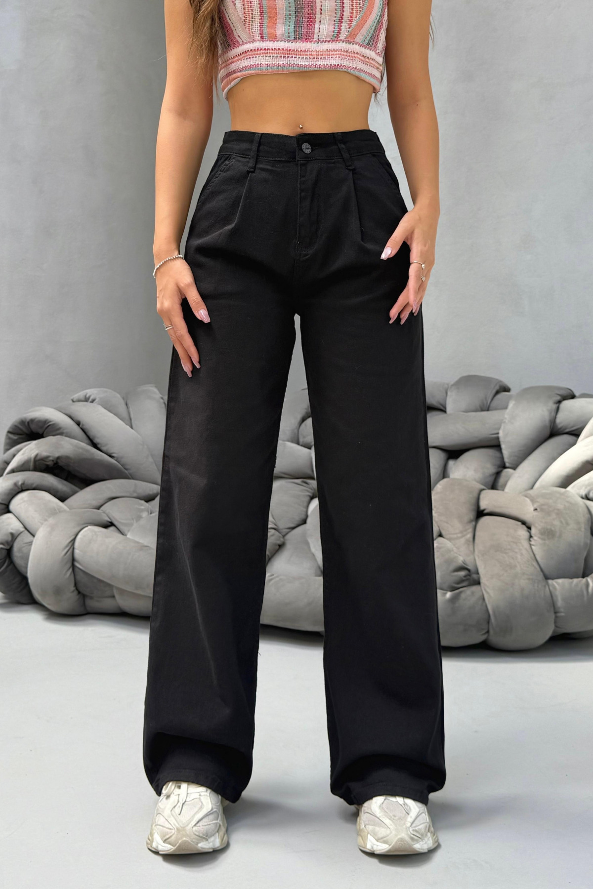 Kadın Yüksek Bel Wide Leg Salaş Pileli Palazzo Jeans Pantolon Siyah 5