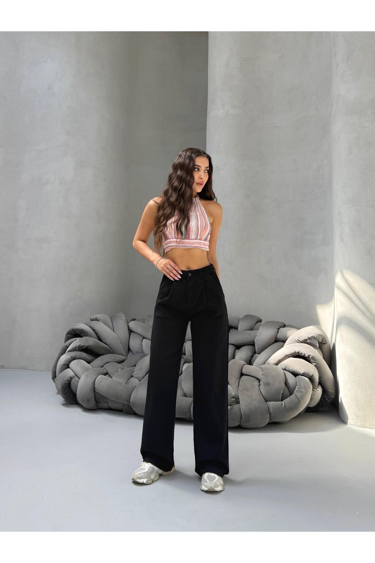 Kadın Yüksek Bel Wide Leg Salaş Pileli Palazzo Jeans Pantolon Siyah 7