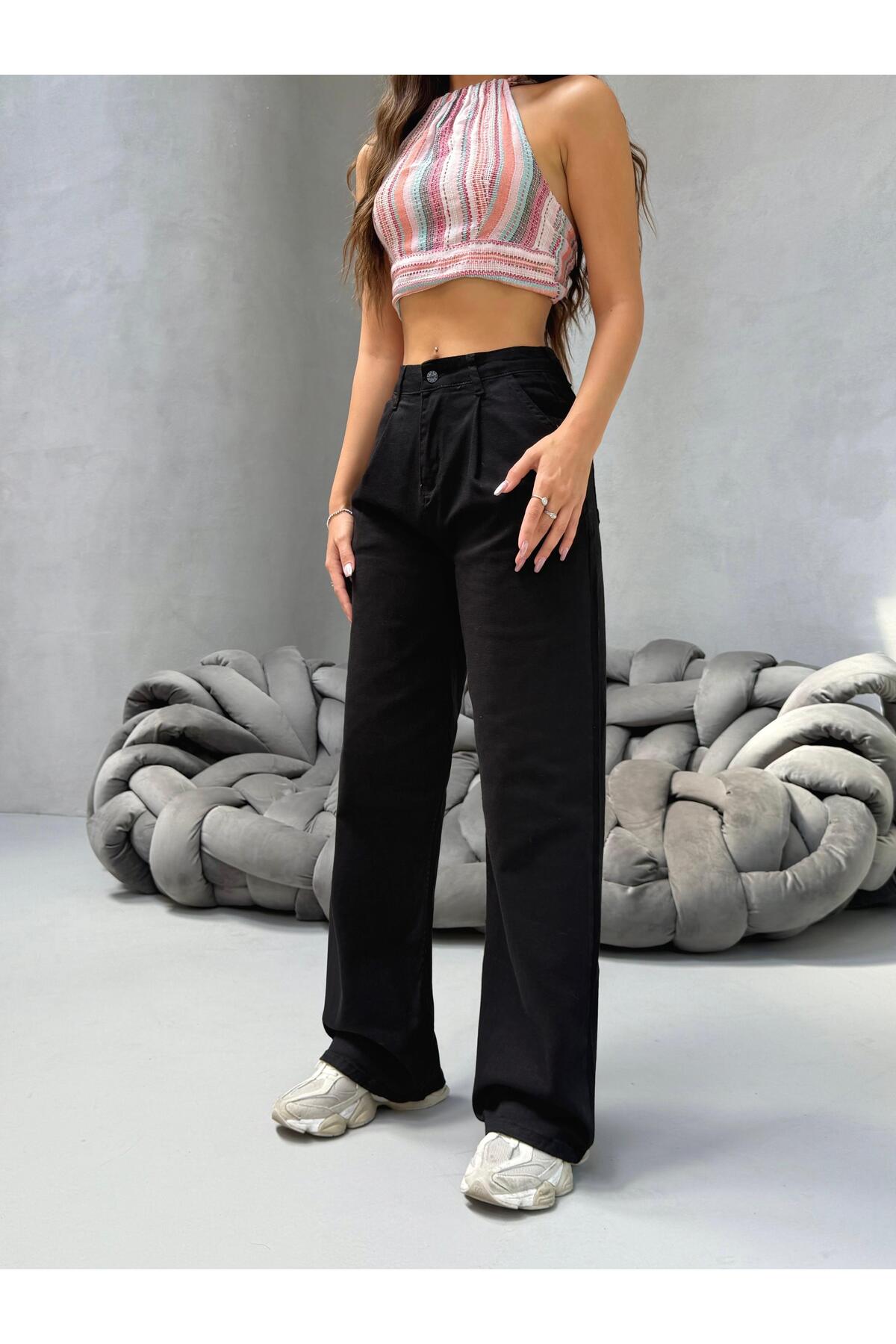 Kadın Yüksek Bel Wide Leg Salaş Pileli Palazzo Jeans Pantolon Siyah 6
