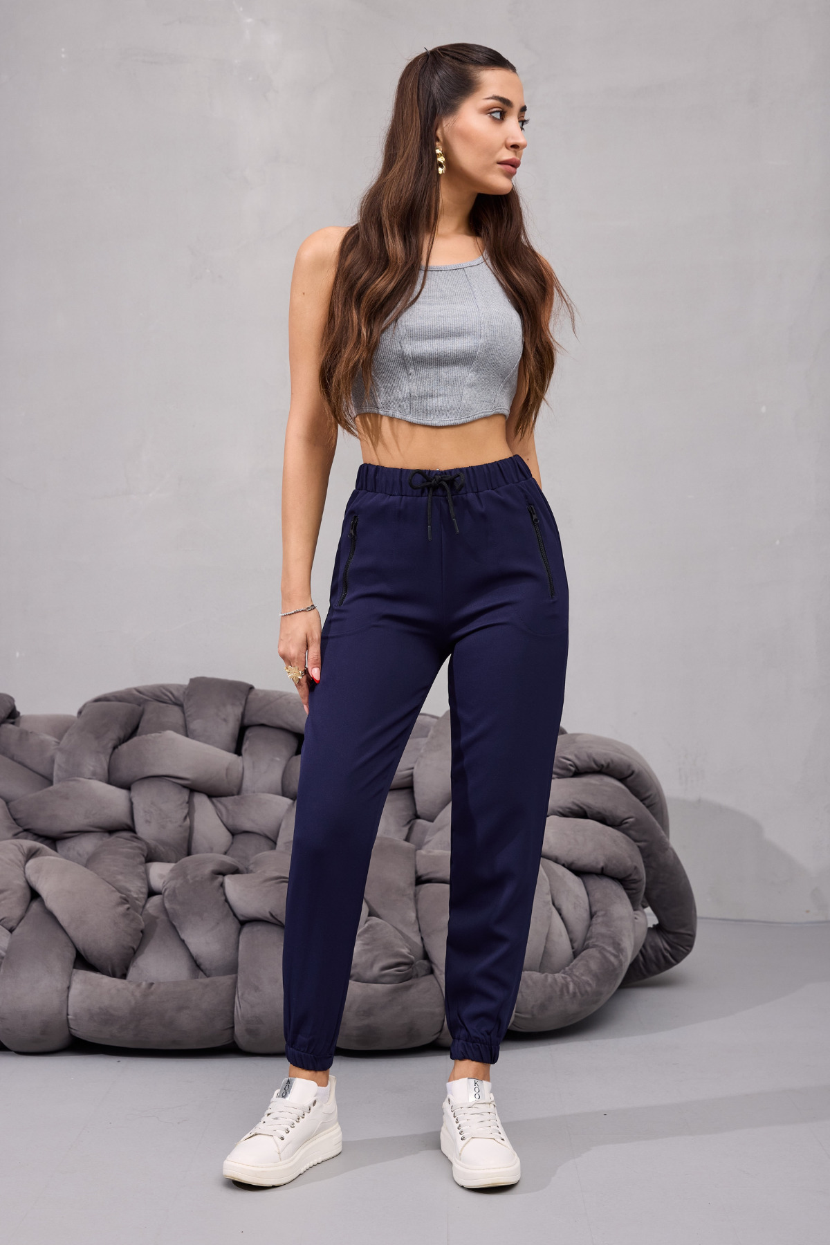 Kadın Yüksek Bel Likralı Rahat Kumaş Jogger Beli Lastikli Pantolon Çok Renkli 4