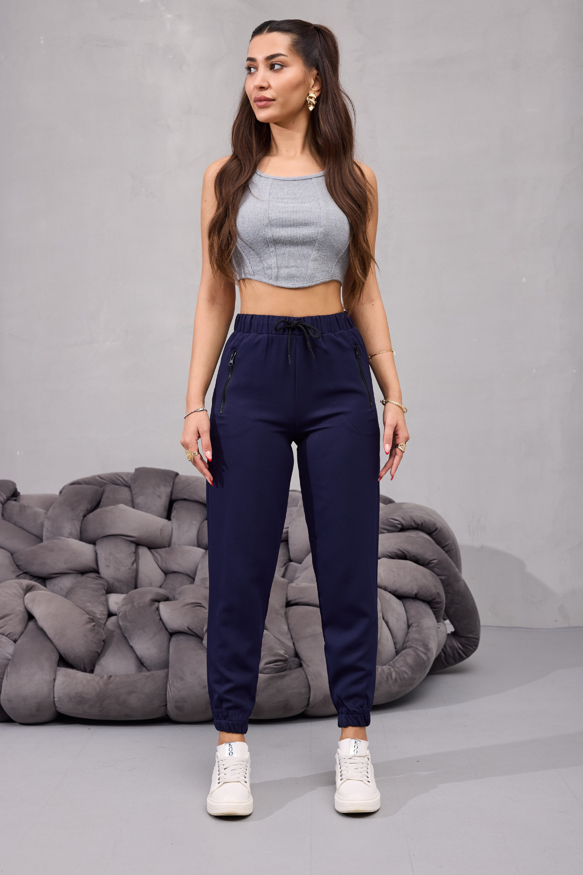 Kadın Yüksek Bel Likralı Rahat Kumaş Jogger Beli Lastikli Pantolon Çok Renkli 3