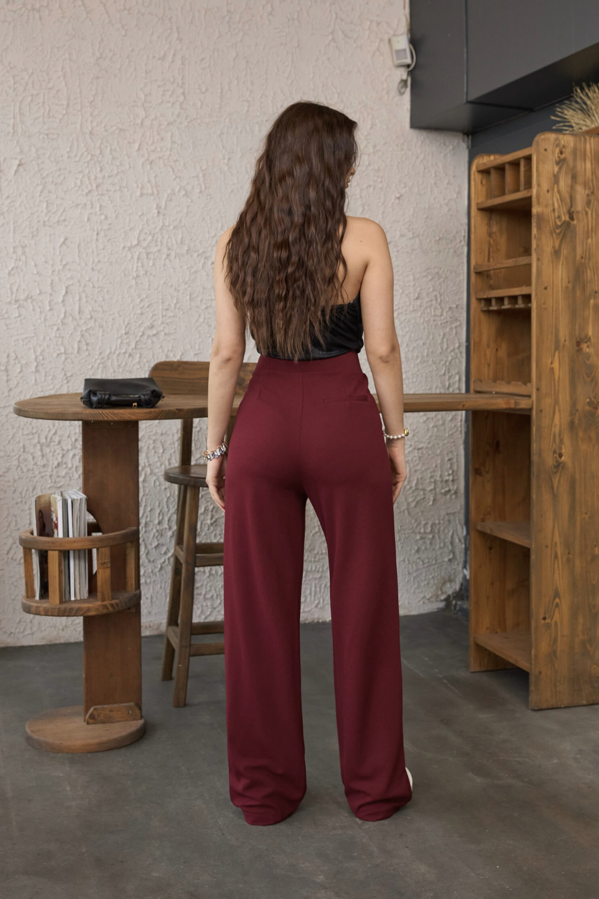 Kadın Yüksek Bel Oversize Kalıp Likralı Geniş Paça Palazzo Pantolon Bordo 6