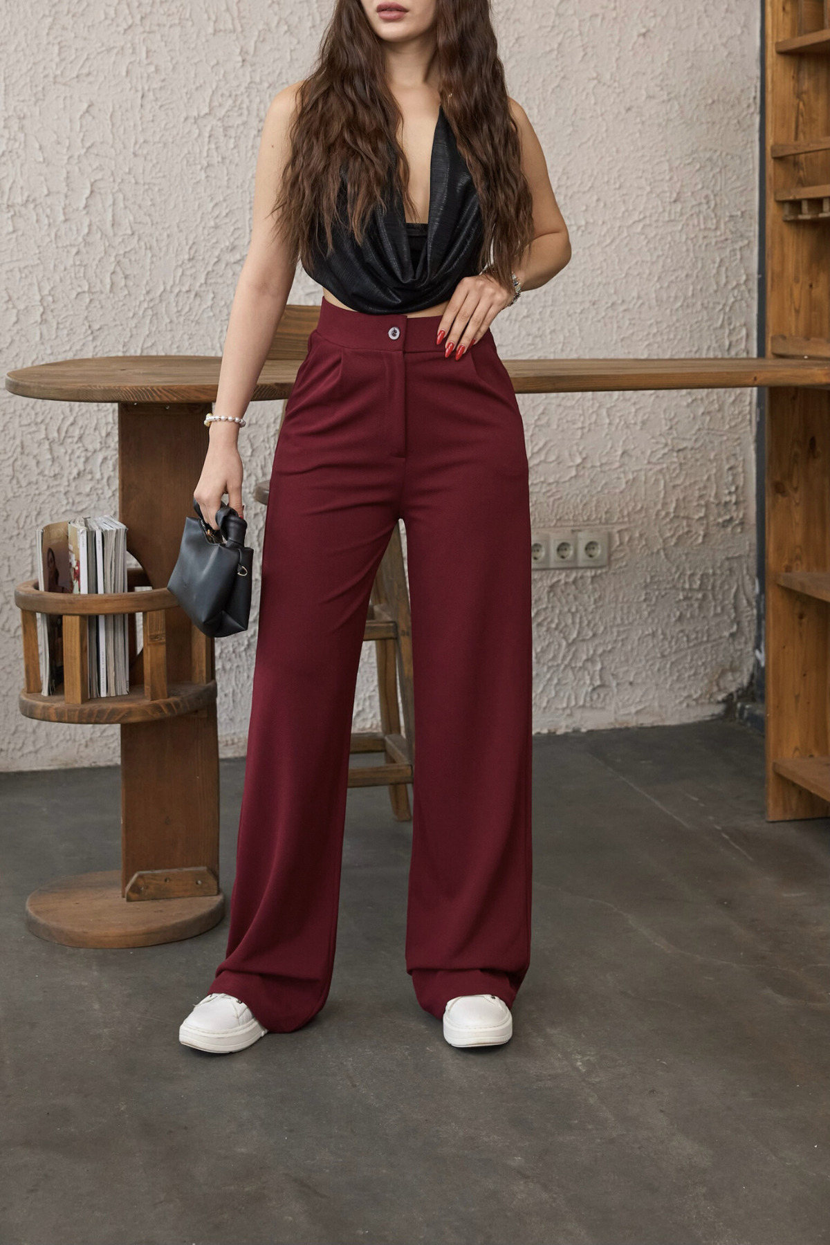 Kadın Yüksek Bel Oversize Kalıp Likralı Geniş Paça Palazzo Pantolon Bordo 4