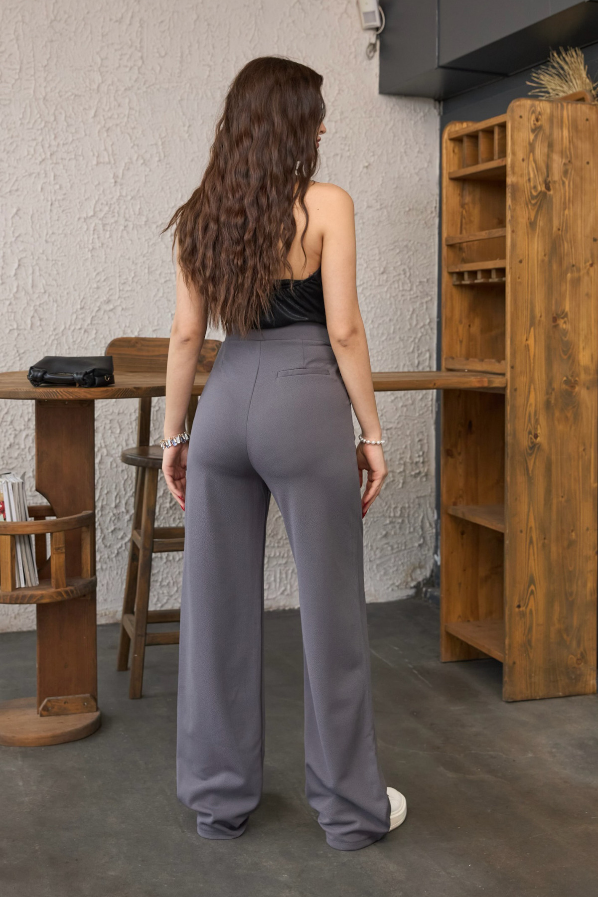 Kadın Yüksek Bel Oversize Kalıp Likralı Geniş Paça Palazzo Pantolon Gri 8
