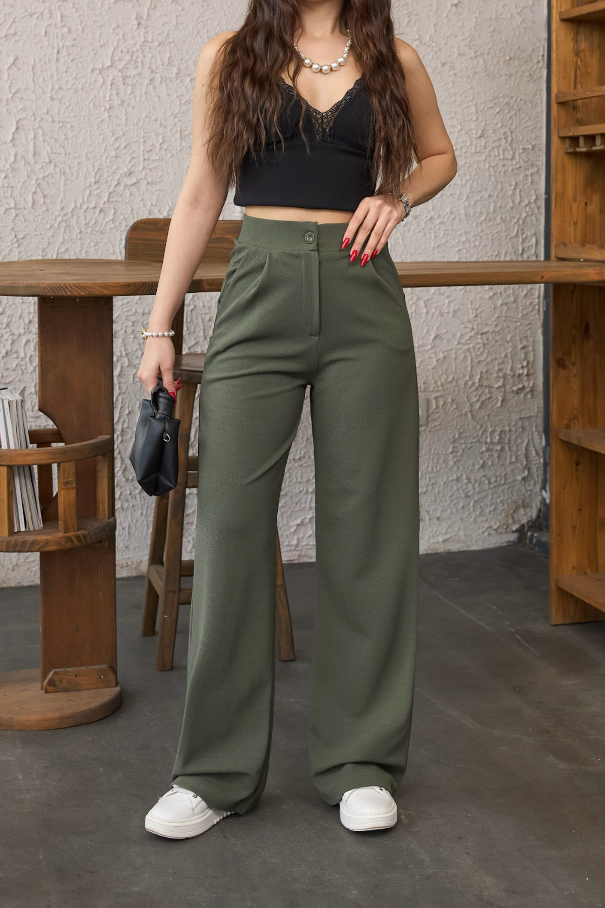 Kadın Yüksek Bel Oversize Kalıp Likralı Geniş Paça Palazzo Pantolon Haki 4