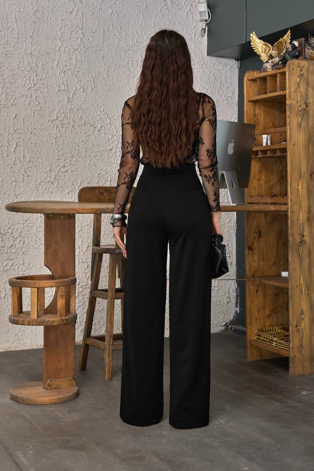 Kadın Yüksek Bel Oversize Kalıp Likralı Geniş Paça Palazzo Pantolon Siyah 5