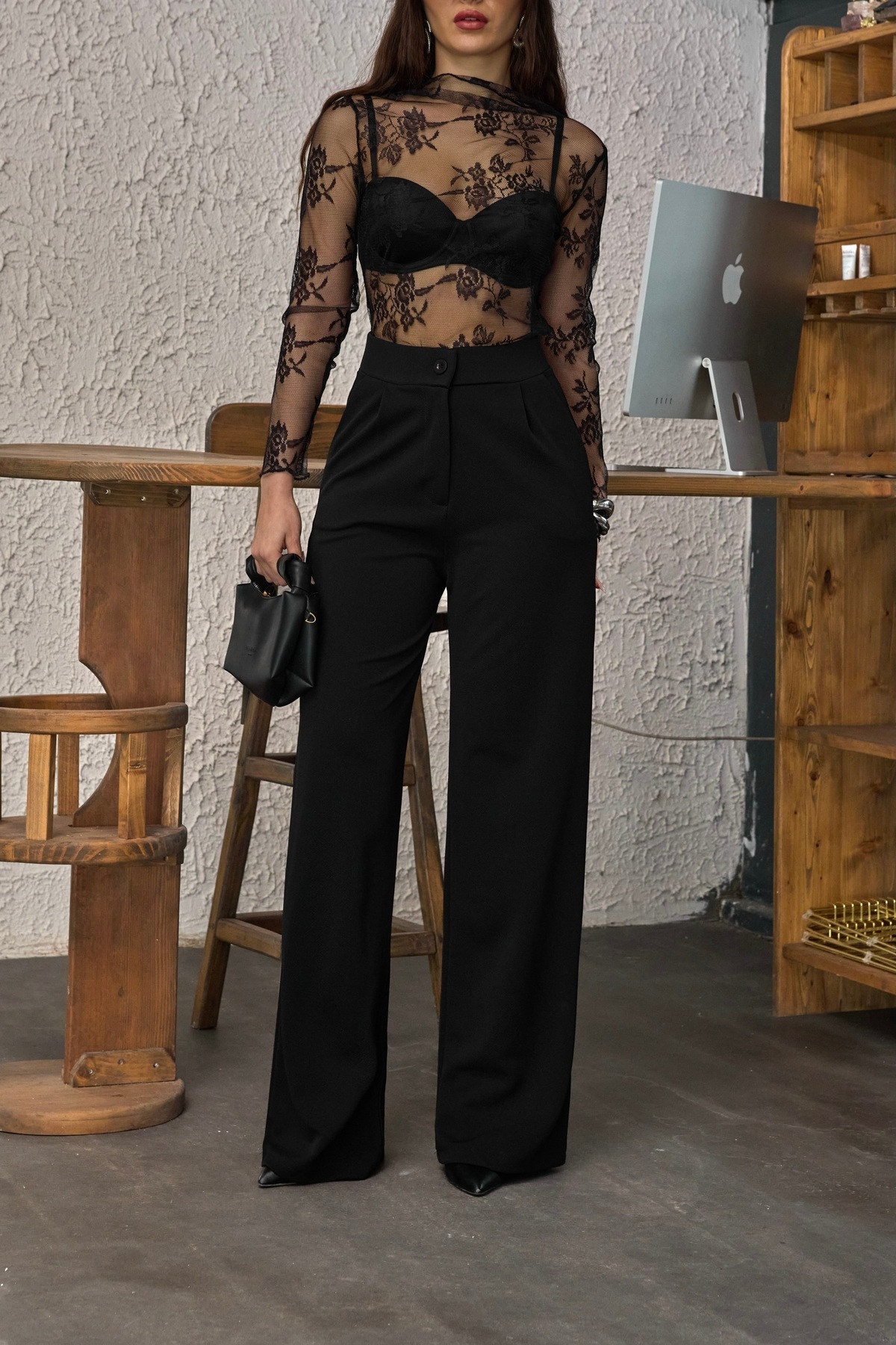 Kadın Yüksek Bel Oversize Kalıp Likralı Geniş Paça Palazzo Pantolon Siyah 6
