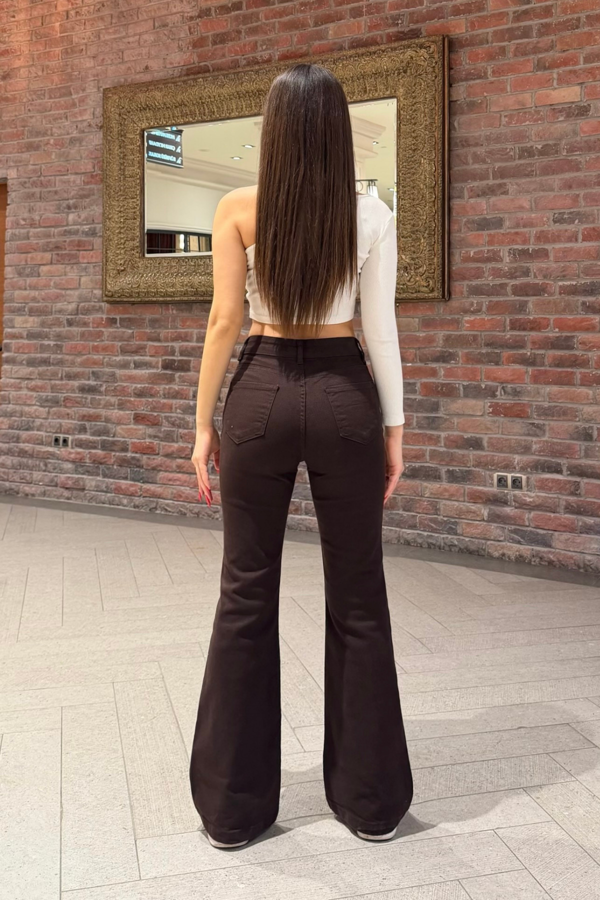 Kadın Yüksek Bel Likralı/Esnek İspanyol Paça Pantolon Kahverengi 5