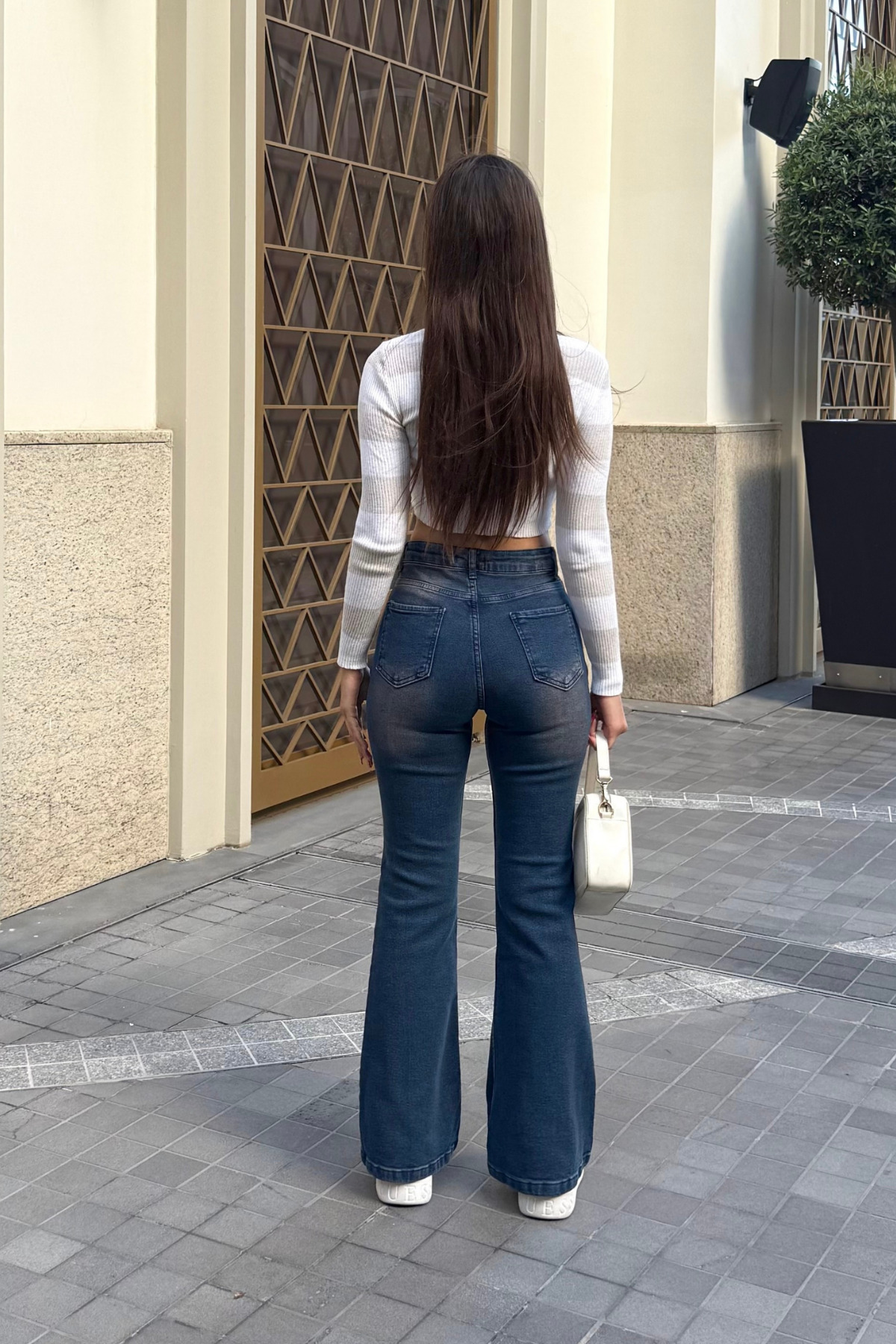 Kadın Yüksek Bel Likralı/Esnek İspanyol Paça Pantolon Lacivert 7