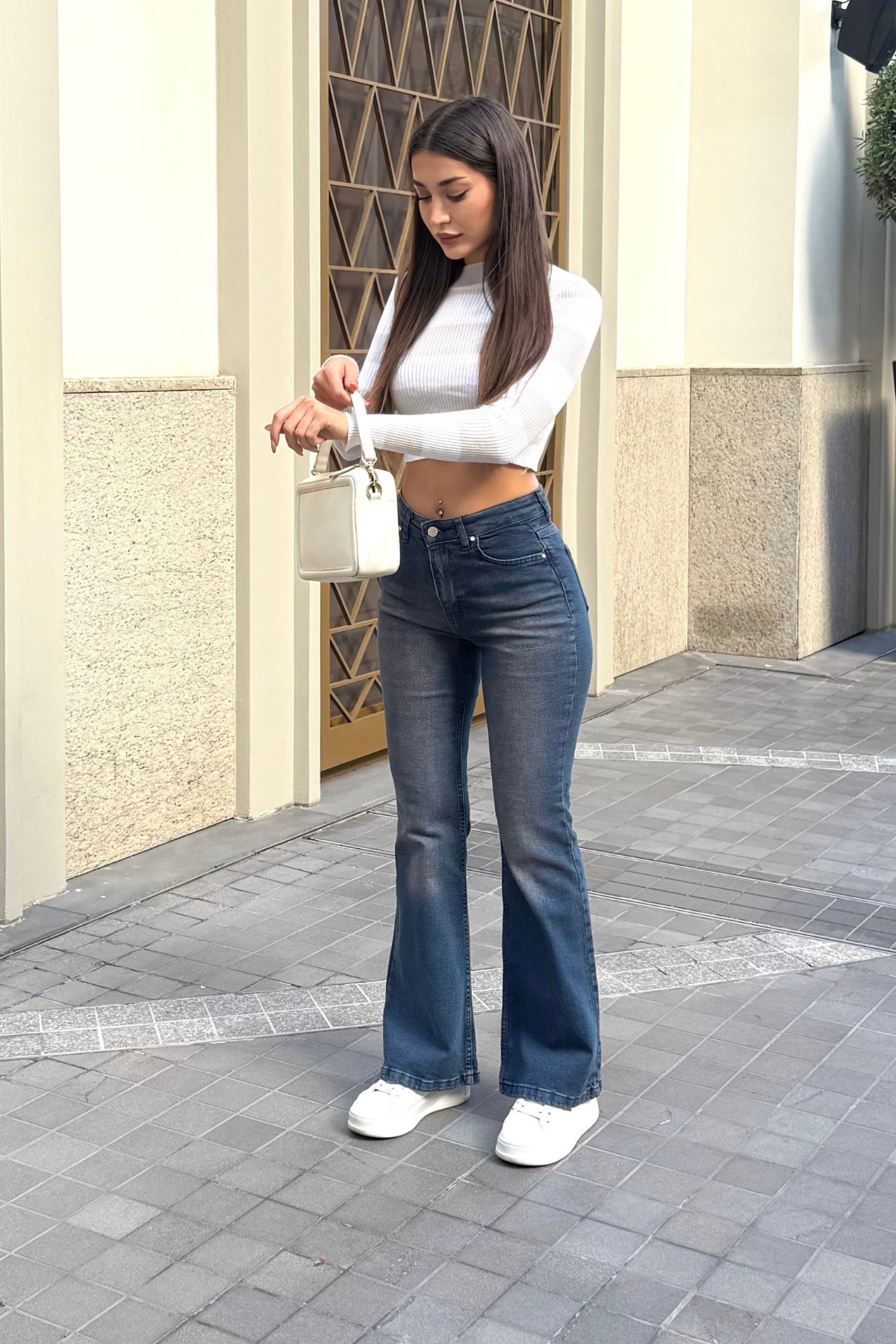Kadın Yüksek Bel Likralı/Esnek İspanyol Paça Pantolon Lacivert 4