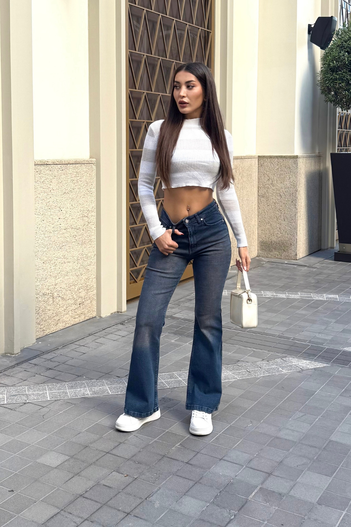 Kadın Yüksek Bel Likralı/Esnek İspanyol Paça Pantolon Lacivert 5