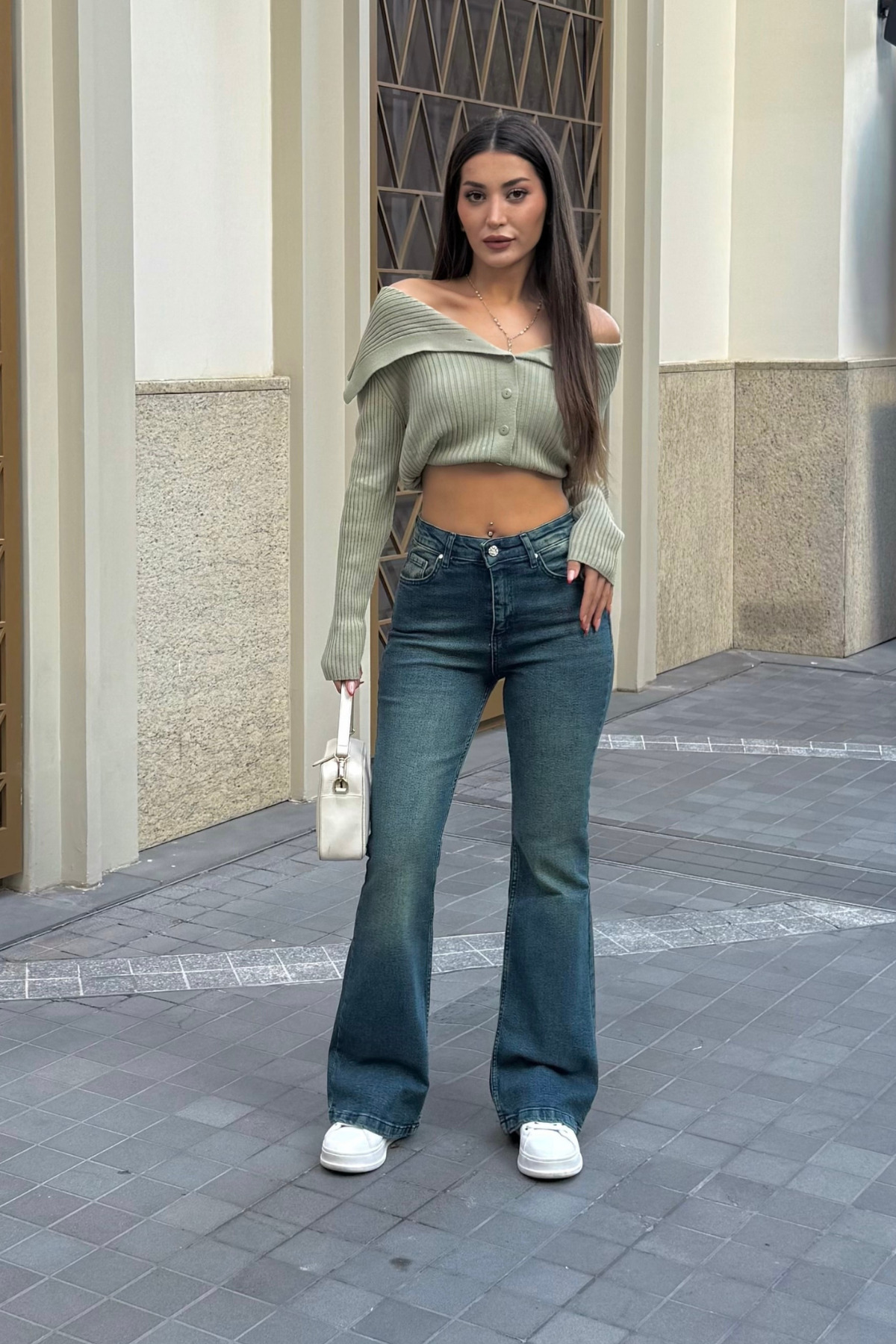 Kadın Yüksek Bel Likralı/Esnek İspanyol Paça Pantolon Mavi 5